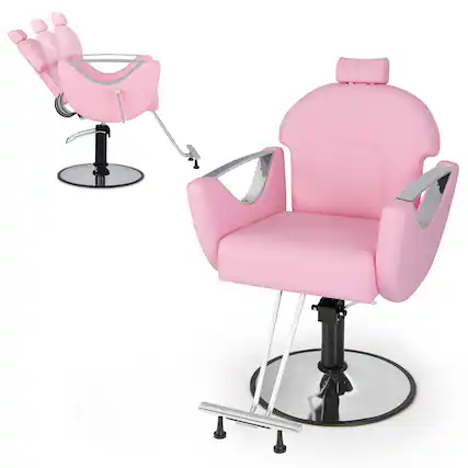 Front. Gymax - Gymax Barber Chair Reclining Salon Chair for Hair Stylist w/ Adjustable Height Headrest Pink - Pink.