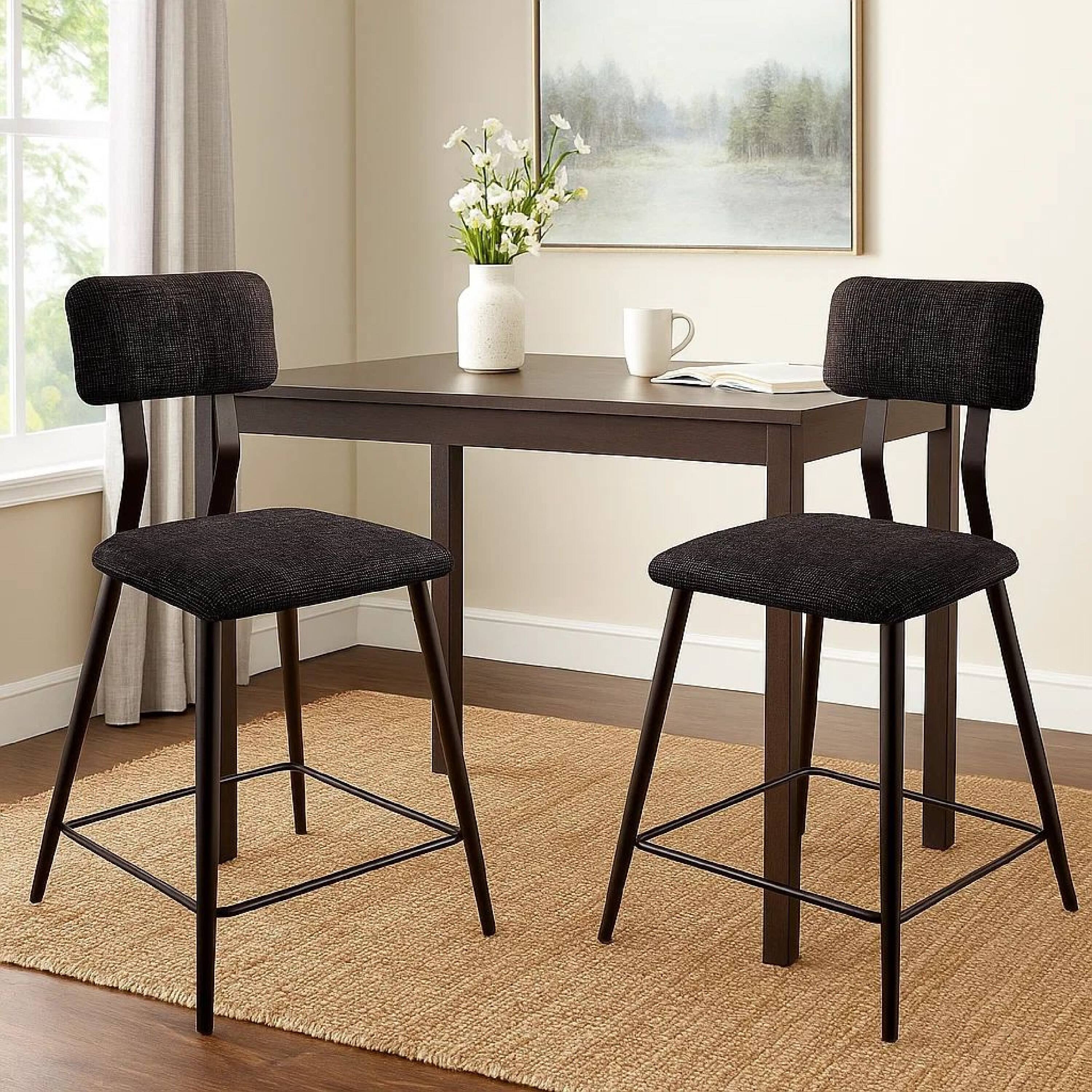 Alt View 6. Manhattan Lane - Fabric Counter Height Chairs with Angled Metal Legs, Set of 2 - Black.