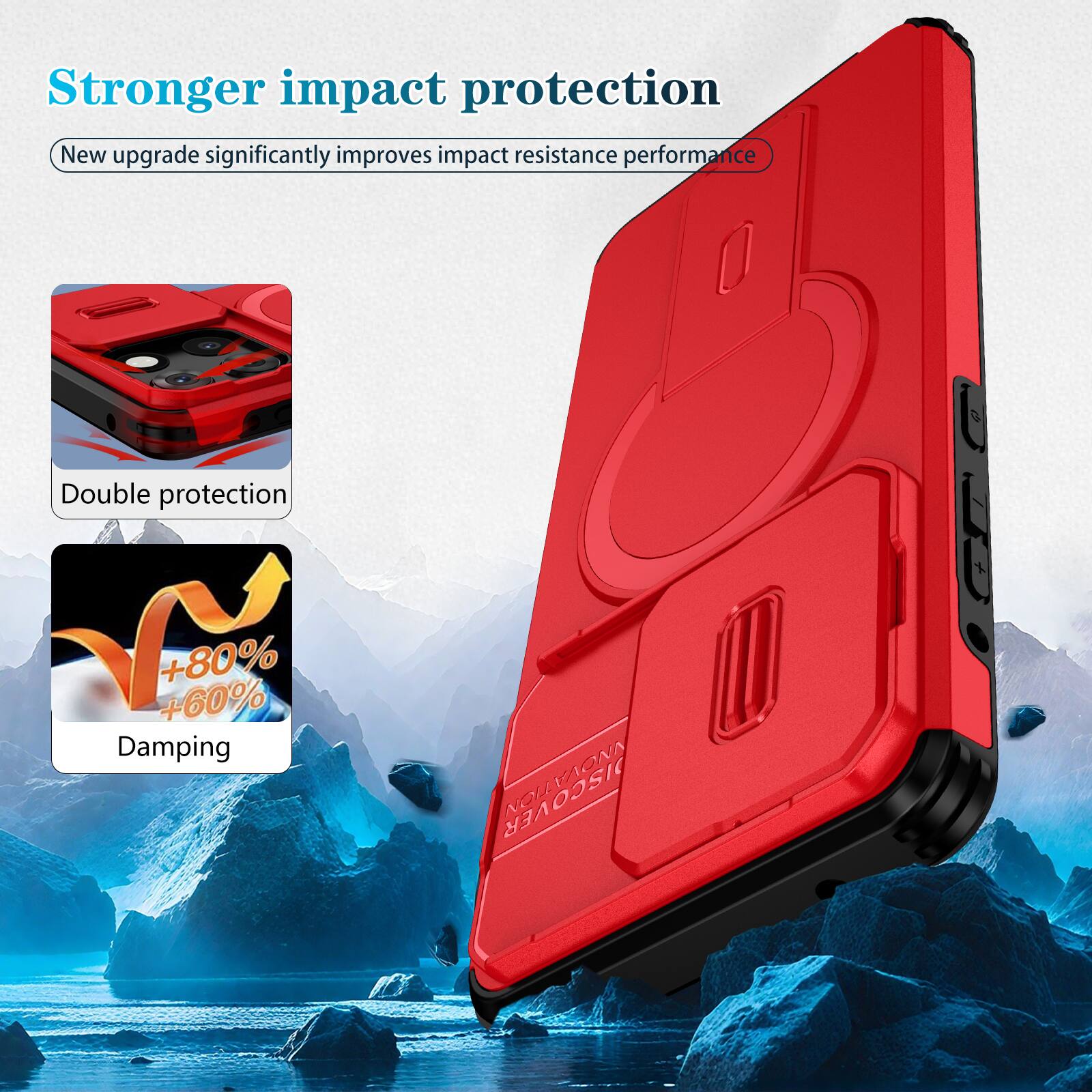 Stronger impact protection  
New upgrade significantly improves impact resistance performance  
Double protection  
+80% +60% Damping