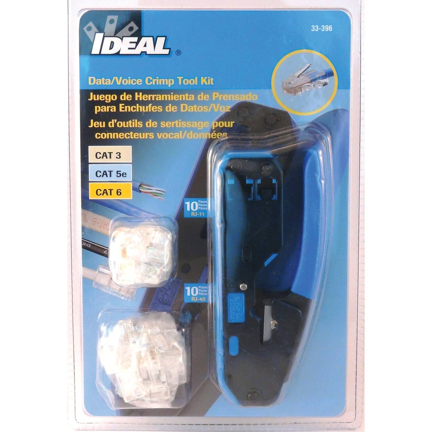 IDEAL 33-396 Data/Voice Crimp Tool Kit  
Juego de Herramienta de Prensado para Enchufes de Datos/Voz  
Jeu d'outils de sertissage pour connecteurs vocal/données  
CAT 3 CAT 5e CAT 6  
10 Piezas RJ-11  
10 Piezas RJ-45