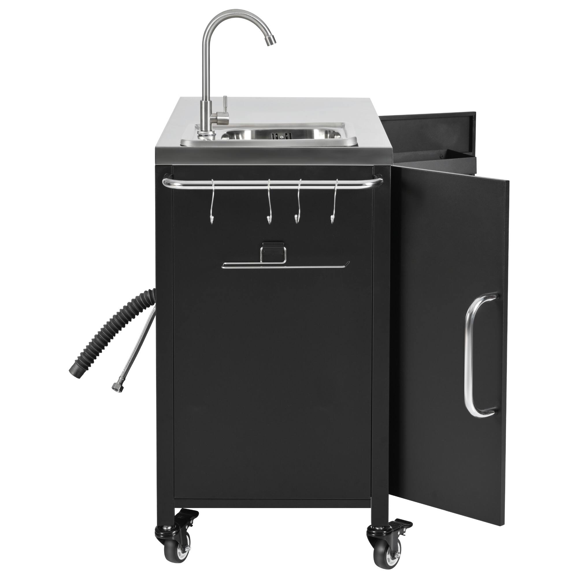 Left. PexFix - 55.5" Outdoor Kitchen Island with 304 Sink & Stainless Top, Metal Grill Cart with Storage, Wheels for Pizza Prep & BBQ - Black.