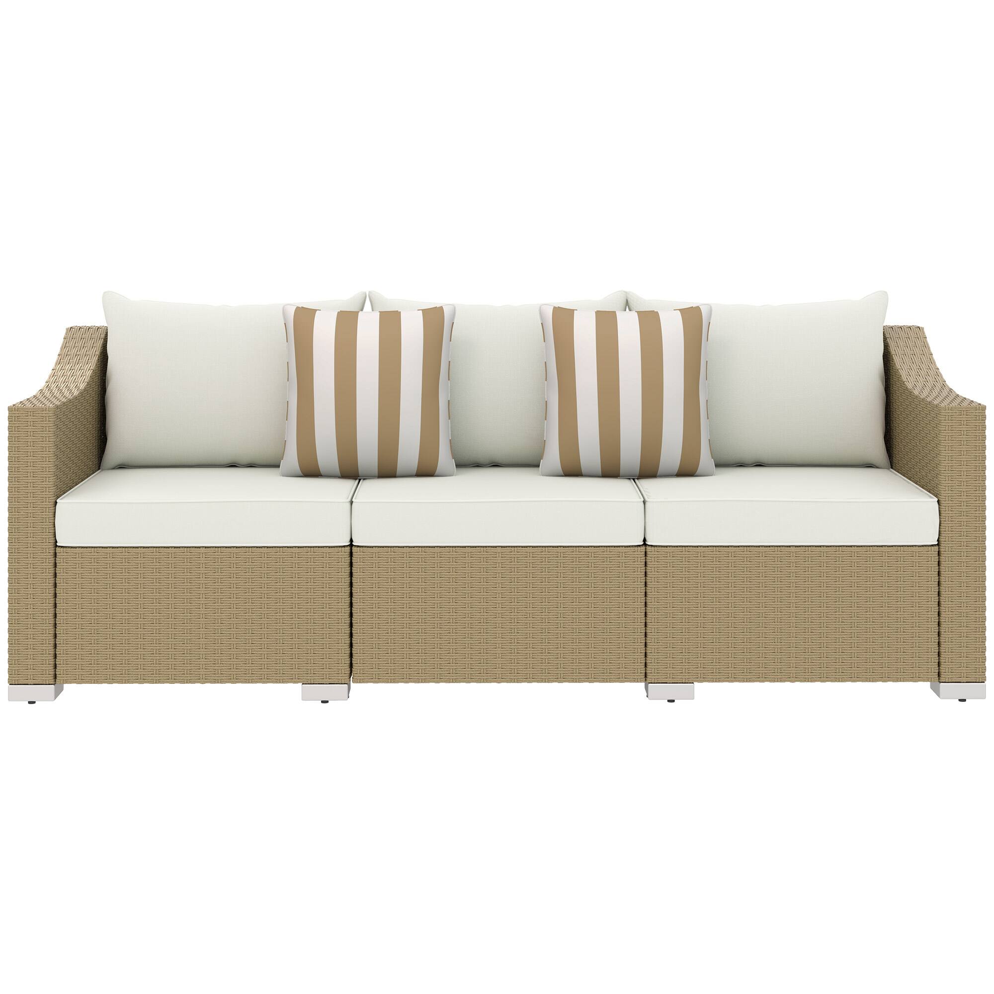 Front. Outsunny - Wicker 3 Seater Patio Couch with Cushions, 2 Throw Pillows, Outdoor Furniture Rattan Sofa - Cream White.
