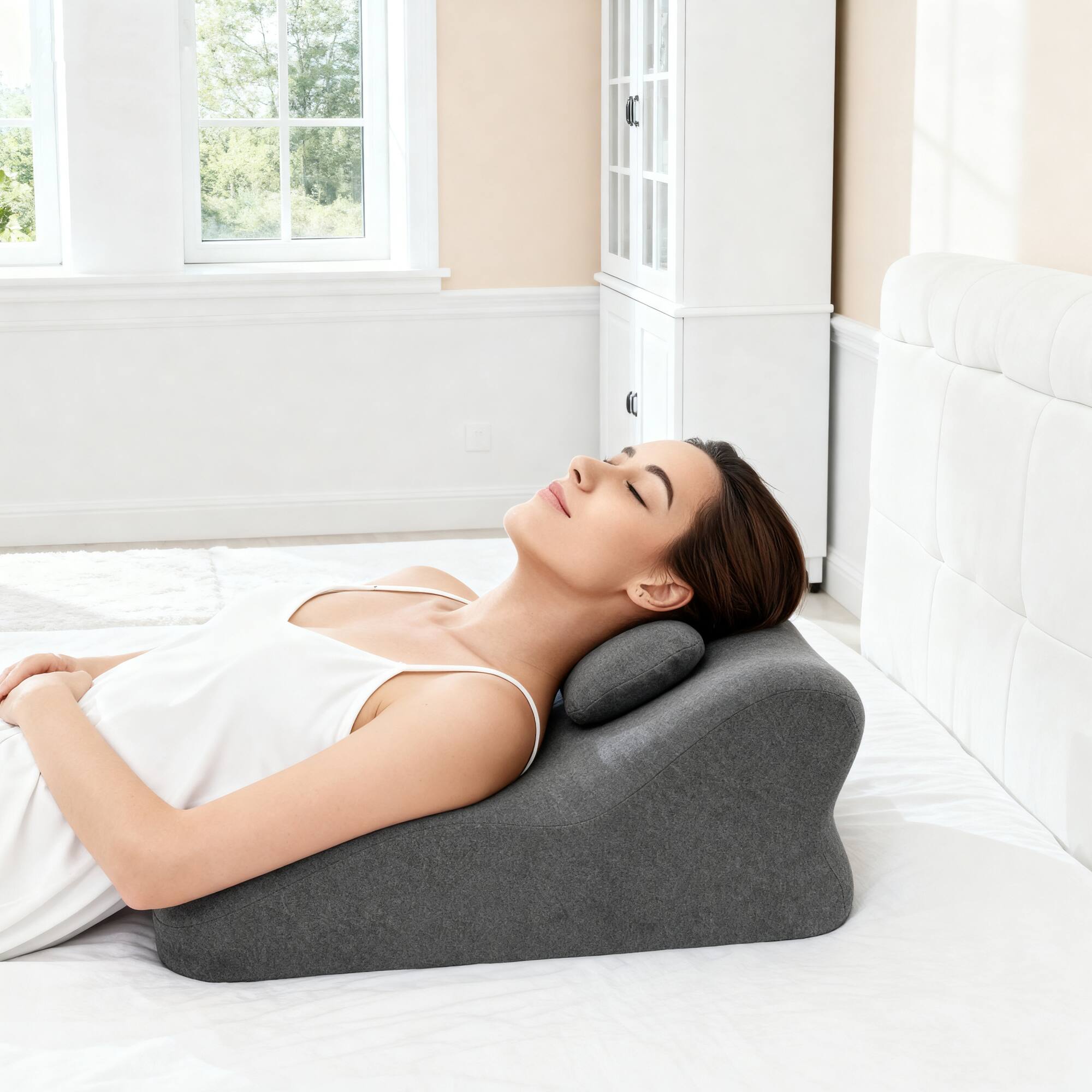 Angle. GOODSILO - Ergonomic Posture Support Pillow for Legs, Lumbar, and Back - Multi-Functional Comfort Cushion - Dark Grey.