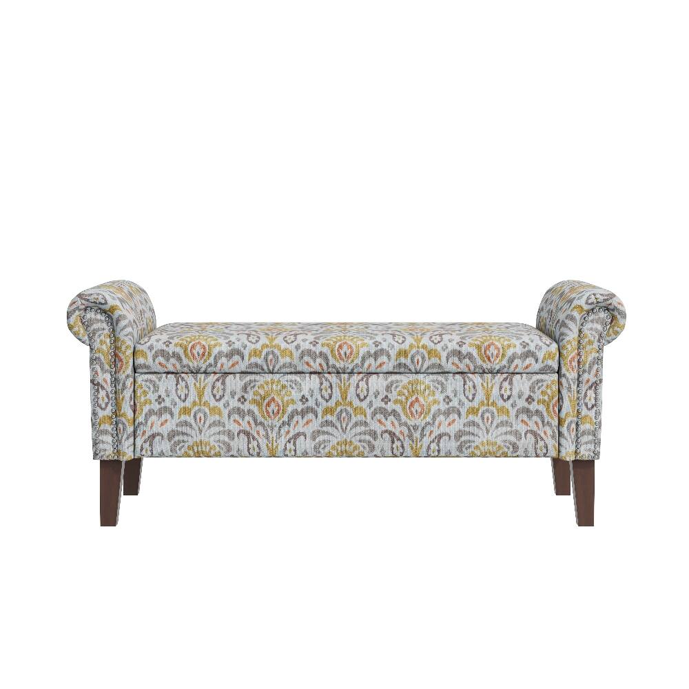 Back. Ropilly - Ropilly Conrad Floral Storage Ottoman with Rolled Arms, Pewter Nailhead Trim and Hidden Compartment for Bedroom Entryway - Floral.