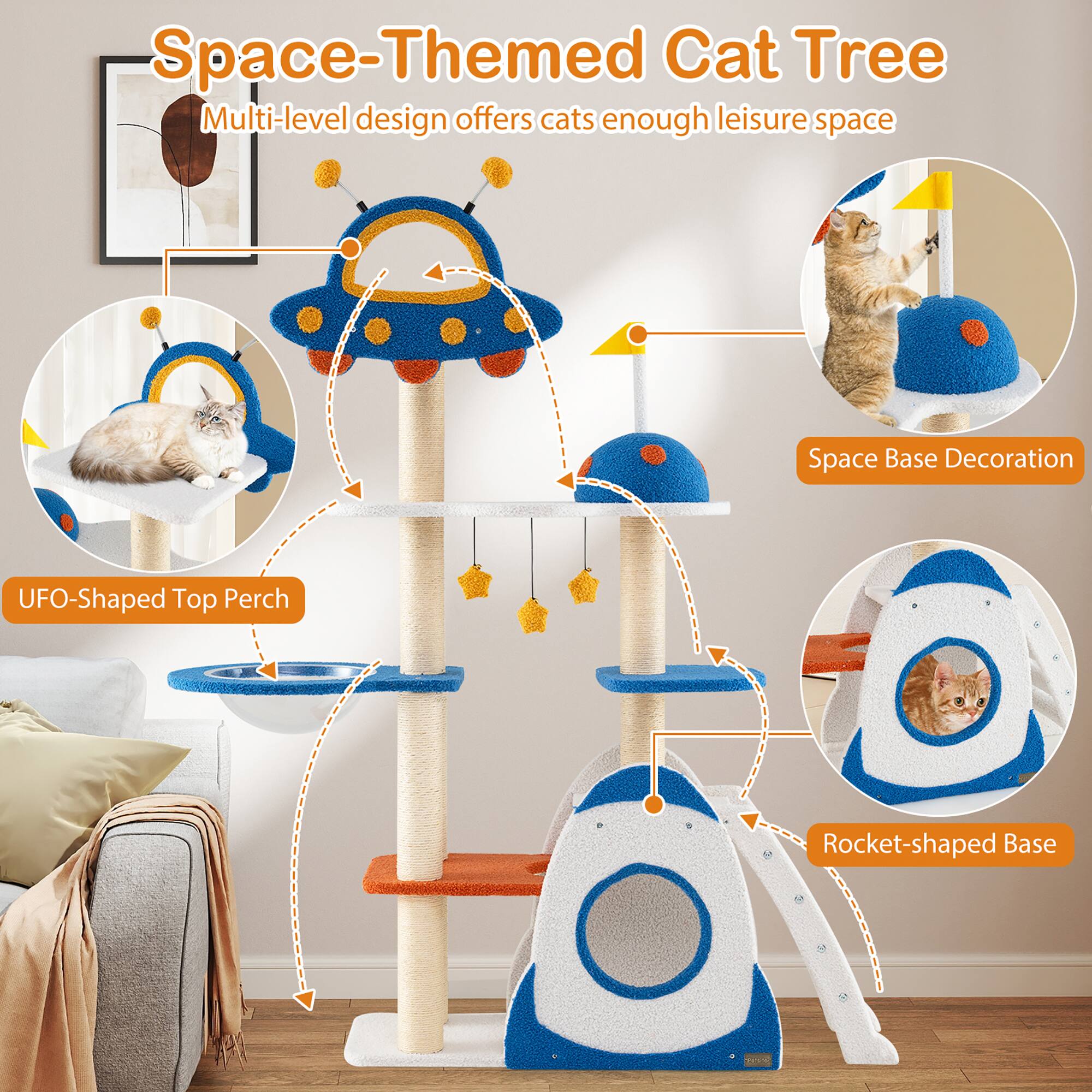 Space-Themed Cat Tree

Multi-level design offers cats enough leisure space

- UFO-Shaped Top Perch
- Space Base Decoration
- Rocket-shaped Base