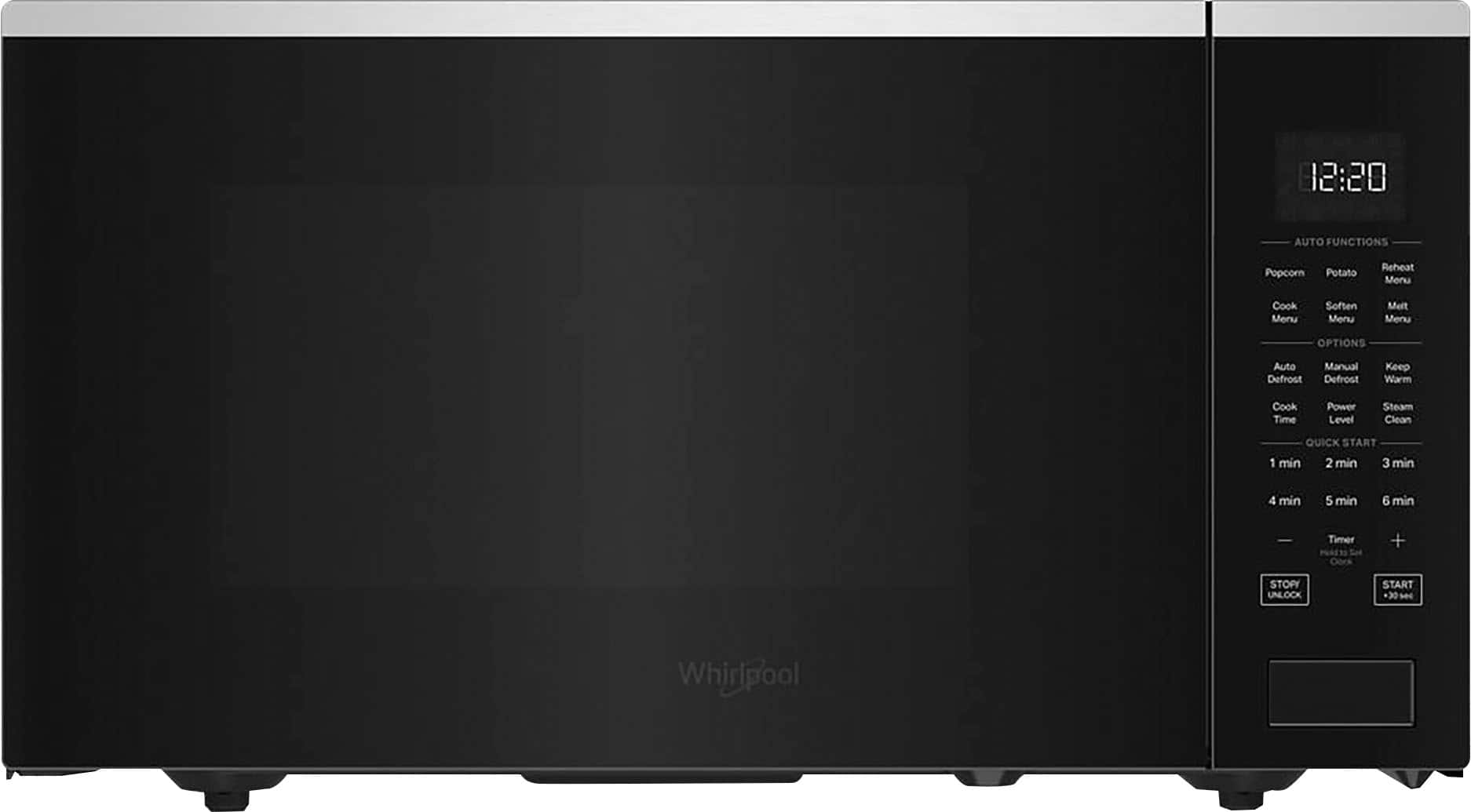 The image shows a black microwave oven with a digital display showing the time of 12:20. The oven has various functions, including auto functions such as popcorn, potato, reheat, menu, cook, soften, melt, and manual defrost. Additionally, it offers options like auto defrost, manual defrost, keep warm, cook time, power level, steam clean, and quick start. The oven also has a timer feature that allows users to set the desired cooking time, ranging from 1 to 6 minutes. The oven is made by Whirlpool, a well-known appliance brand.