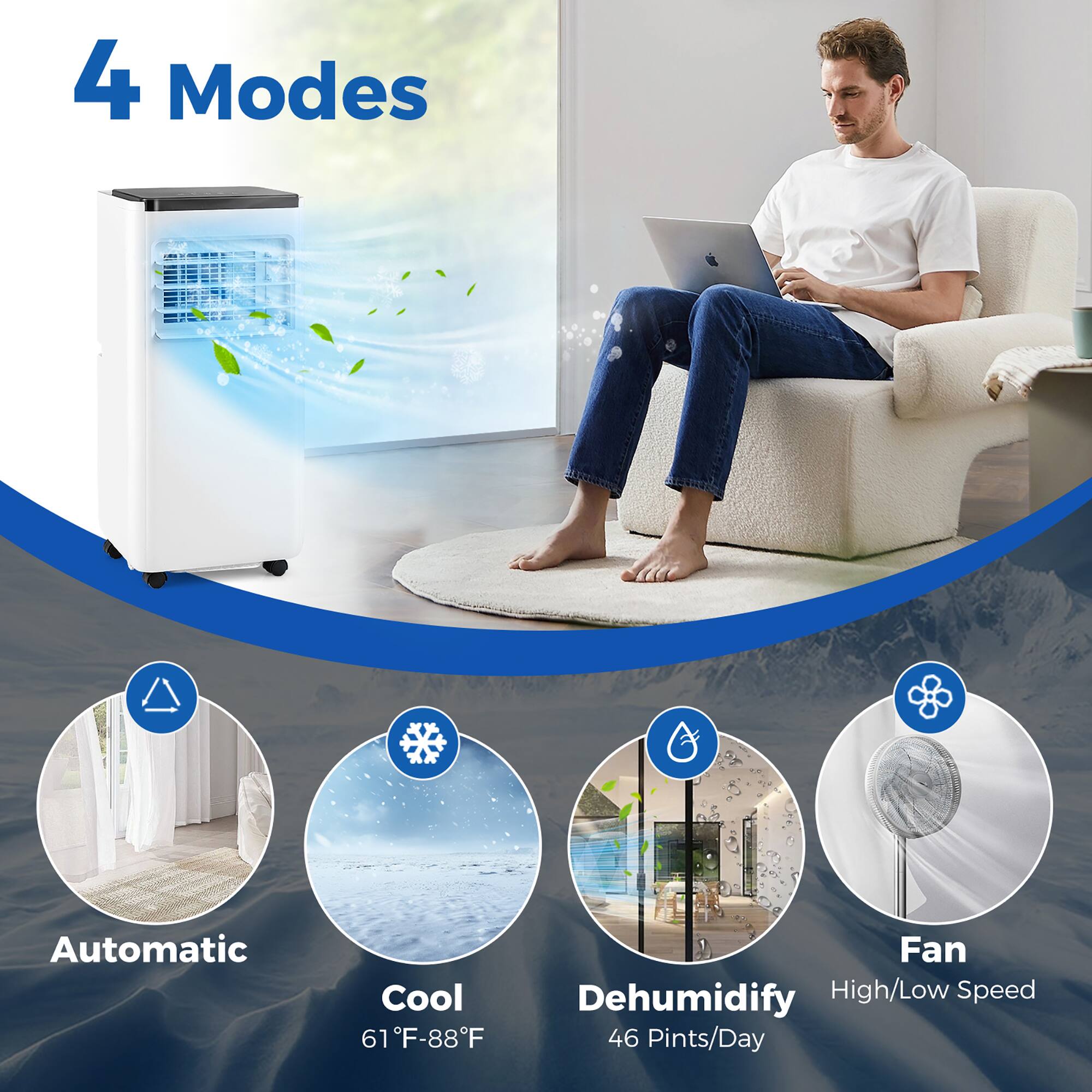 4 Modes Automatic Cool Dehumidify Fan High/Low Speed 46 Pints/Day