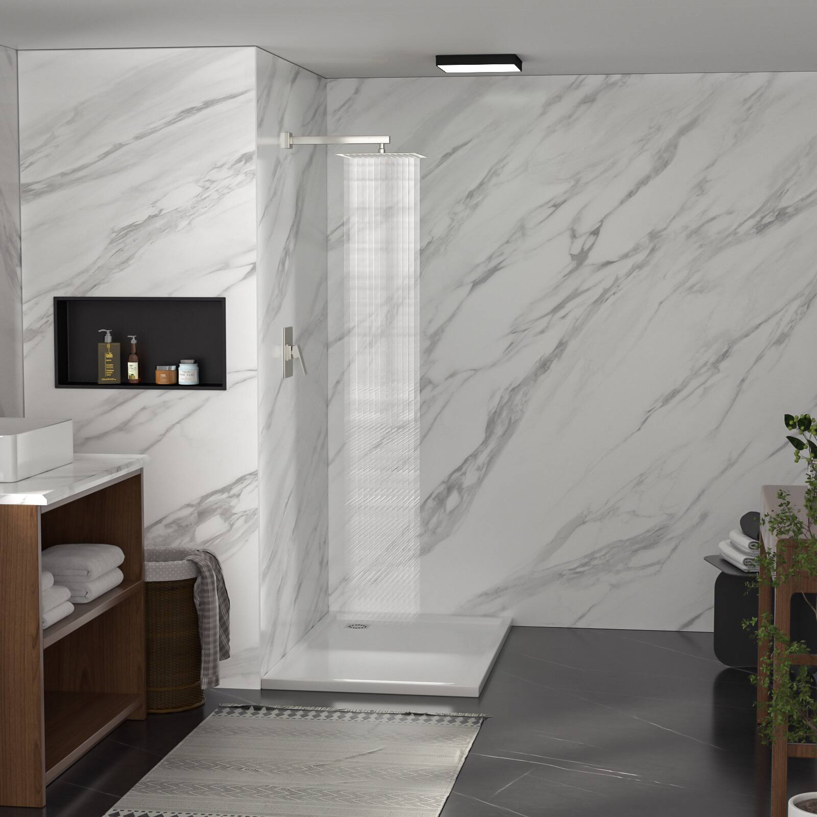 Angle. Lordear - 10-Inch Square Rainfall Shower System with Pressure-Balancing Valve, Wall-Mounted in Brushed Nickel - Brushed Nickel.