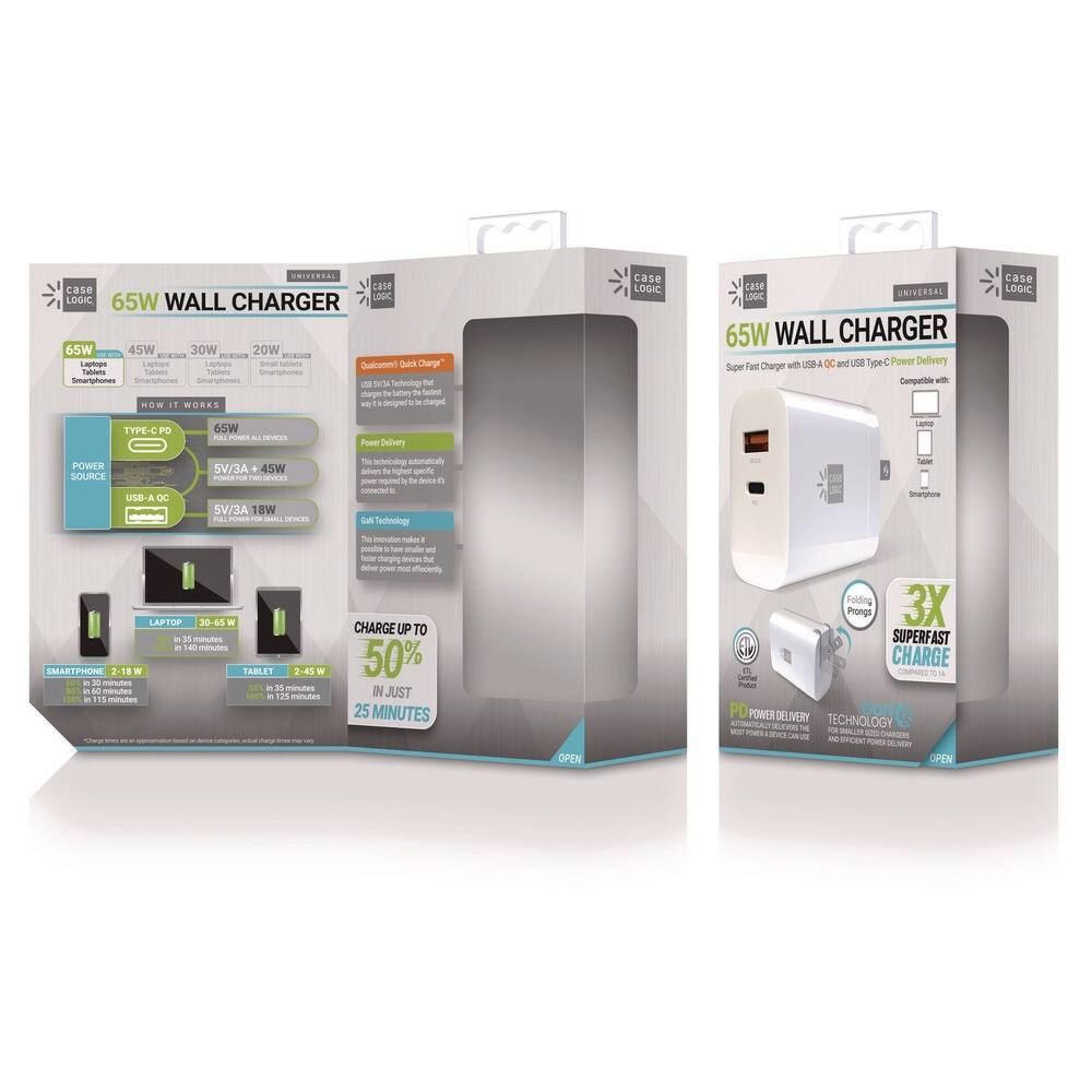 **Case Logic Universal 65W Wall Charger**

- **65W** for Laptops
- **45W** for Smartphones
- **30W** for Smartphones
- **20W** for Smartphones

**Type-C Power Delivery**
- **5V/3A + 45W** for Full Power for Small Devices
- **5V/3A + 18W** for Full Power for Small Devices

**USB-A QC**
- **5V/3A + 18W** for Full Power for Small Devices

**Quick Charge 3.0**
- USB Type-C Technology that delivers power to devices up to 4x faster than standard charging.

**Gallium Nitride Technology**
- The mission makes it possible to deliver power more efficiently.

**Charge Up to 50% in Just 25 Minutes**

**Compatibility:**
- Laptop
- Smartphone
- Tablet

**Charge Times:**
- **Laptop 30-65W** in 35 minutes
- **Smartphone 2-18W** in 60 minutes
- **Tablet 2-45W** in 35 minutes

**