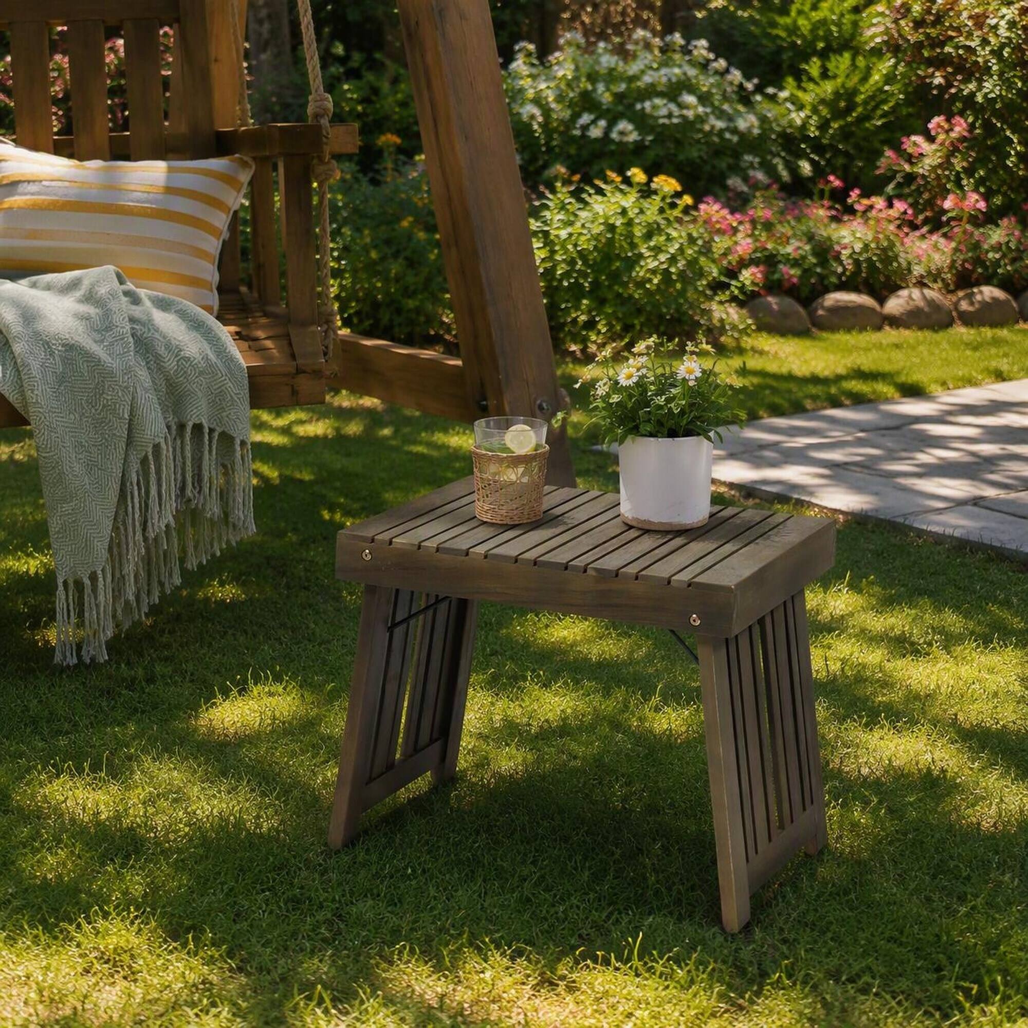Alt View 2. RYHNUYNE - Solid Wood Outdoor Side Table, Grey Brown Slatted Patio End Table for Garden Backyard Porch Balcony - Grey.