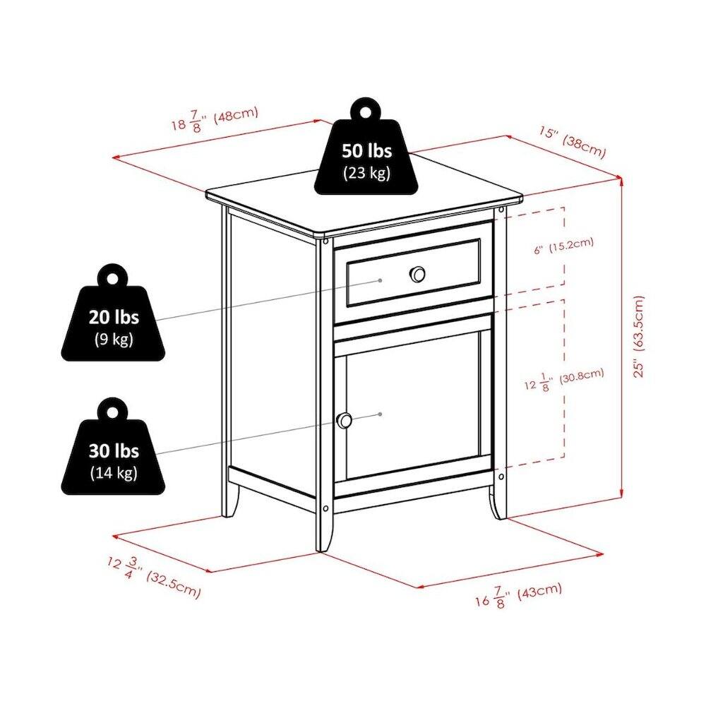 7" (48cm)  
18 7/8" (48cm)  
50 lbs (23 kg)  
15" (38cm)  
6" (15.2cm)  
20 lbs (9 kg)  
12 1/2" (32.5cm)  
12 1/8" (30.8cm)  
8" (63.5cm)  
25"  
30 lbs (14 kg)  
12 1/2" (32.5cm)  
16 7/8" (43cm)