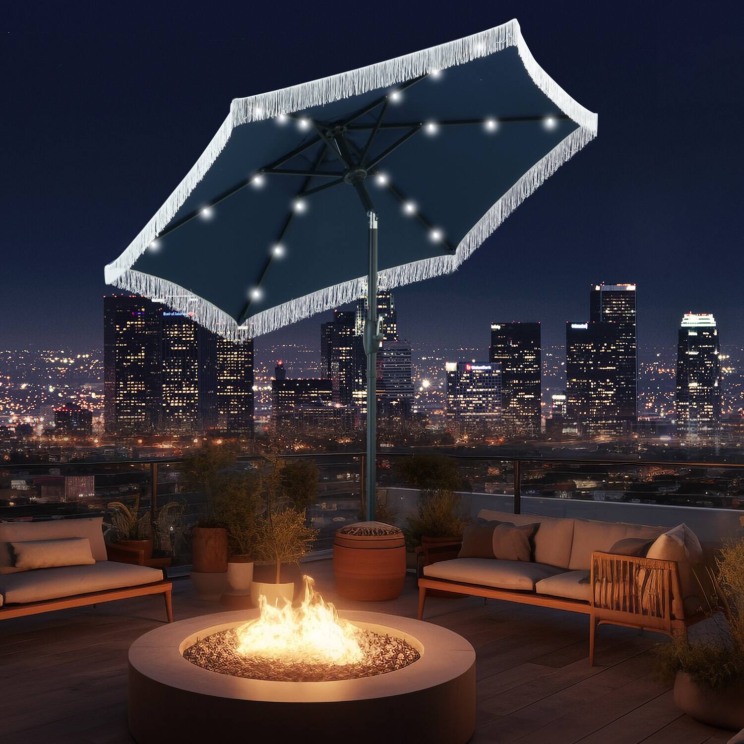 Angle. Ainfox - Ainfox 7.5 FT Patio Umbrella with Fringe,Outdoor Tassel Beach Umbrella,Tilt Adjustment with 18 LED Lights & Base - Navy Blue.