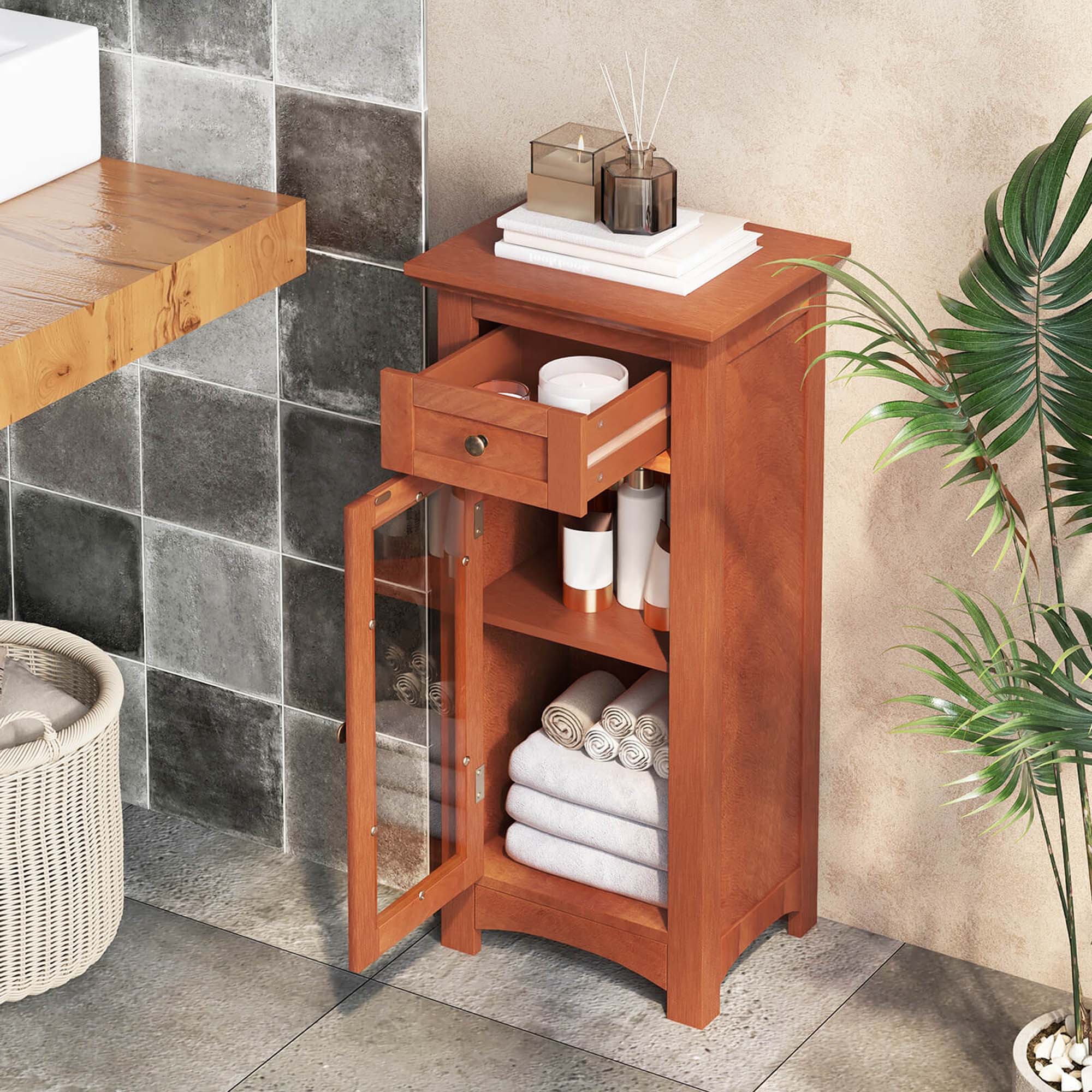 Alt View 3. Costway - Costway Bathroom Floor Cabinet with Single Glass Door Drawer & Adjustable Shelf Brown - Brown.