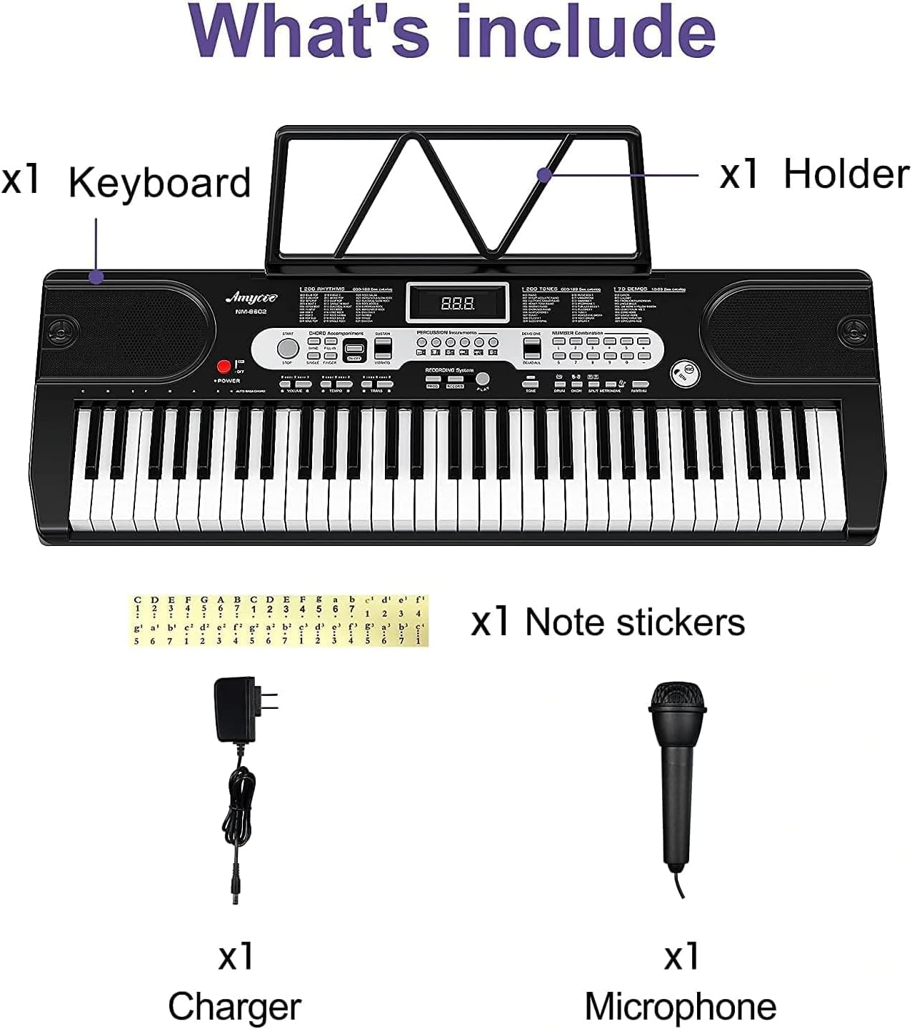 What's include

x1 Keyboard  
x1 Holder  
x1 Note stickers  
x1 Charger  
x1 Microphone