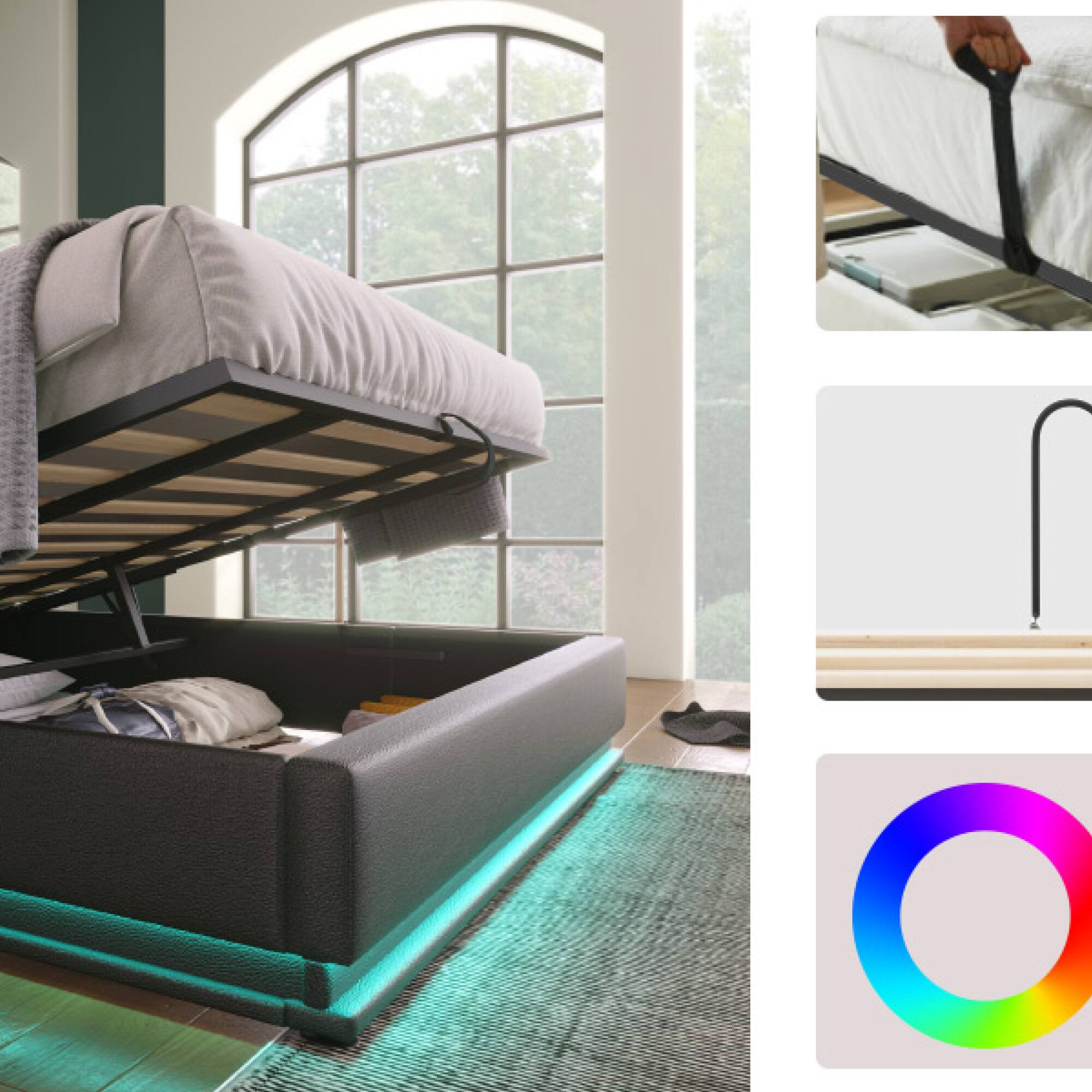 Alt View 2. GOODSILO - King Size Upholstered Bed with LED Lighting, Hydraulic Storage, and USB Charging - Black.
