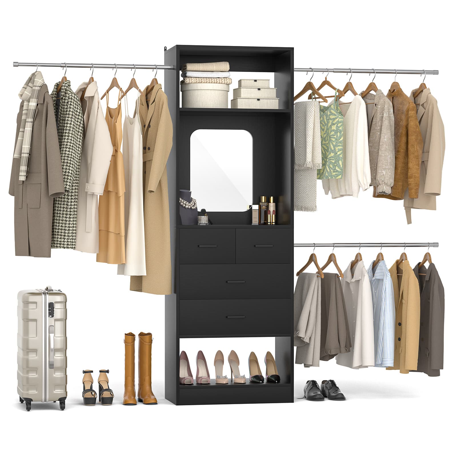 Aheaplus - Adjustable 8FT Walk-in Closet Organizer Starter Kit - 96”W, 25” Tower, 3 Rods, 4 Drawers & Mirror - Black