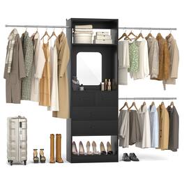 Aheaplus - Adjustable 8FT Walk-in Closet Organizer Starter Kit - 96”W, 25” Tower, 3 Rods, 4 Drawers & Mirror - Black