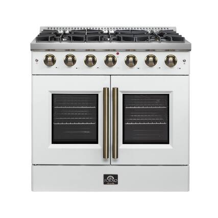 A 2 door stove with a 4 burner cooktop.