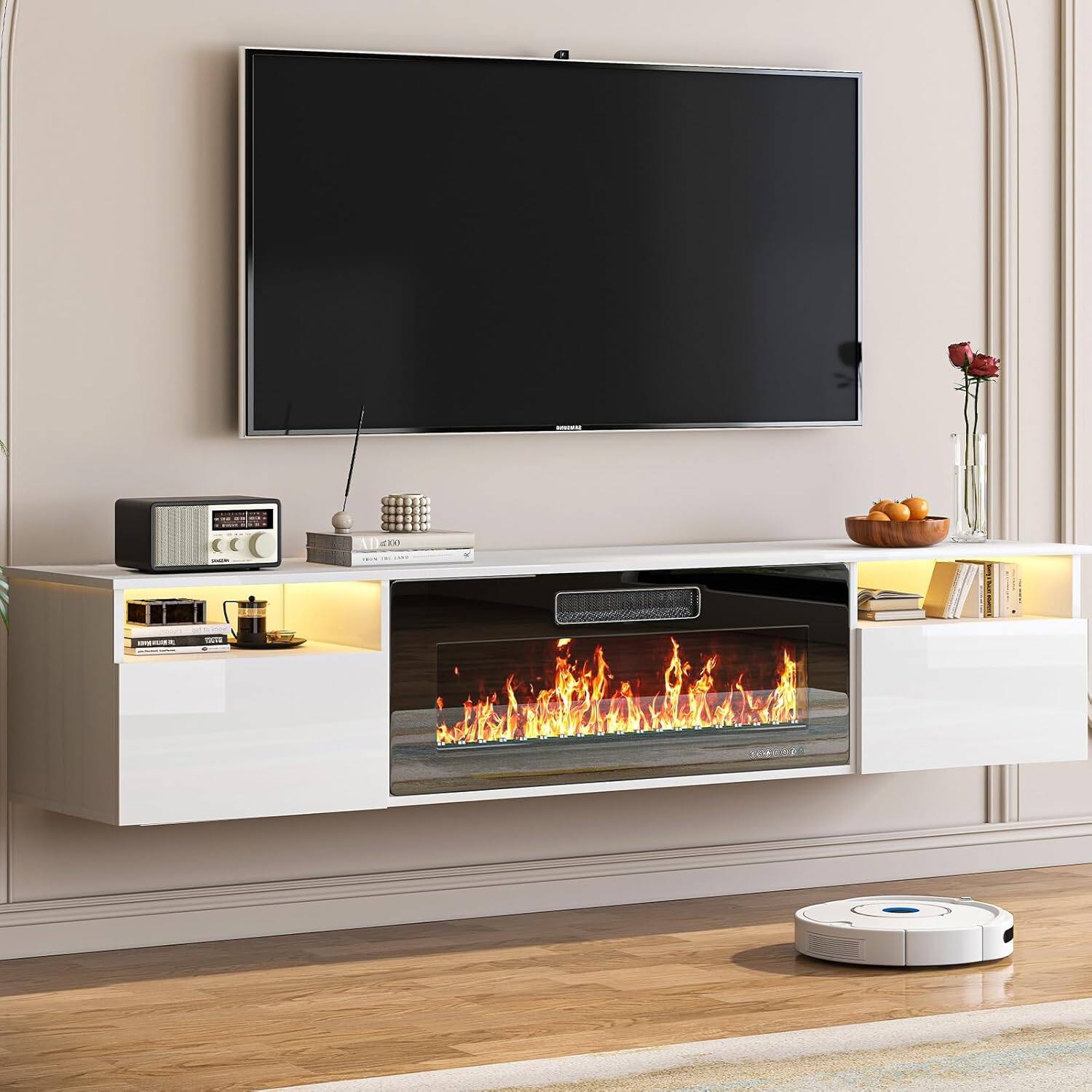 The image does not contain any text that needs to be grouped or corrected. It shows a modern living room setup with a TV, a fireplace, and various decorative items.