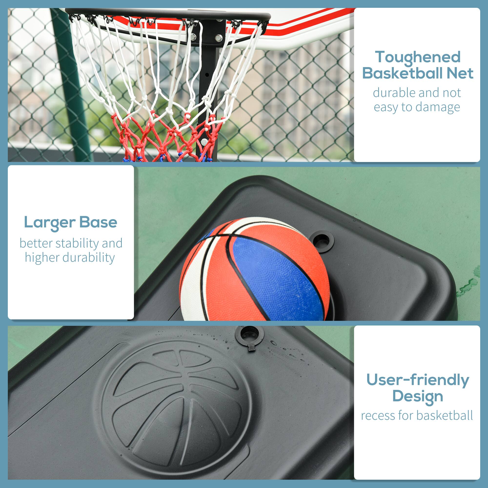 - Toughened Basketball Net
  - durable and not easy to damage

- Larger Base
  - better stability and higher durability

- User-friendly Design
  - recess for basketball
