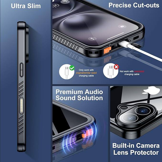 Ultra Slim, Precise Cut-outs, Only work with original/similar sized charging cable, Not work with charging cable, Premium Audio Sound Solution, Built-in Camera Lens Protector