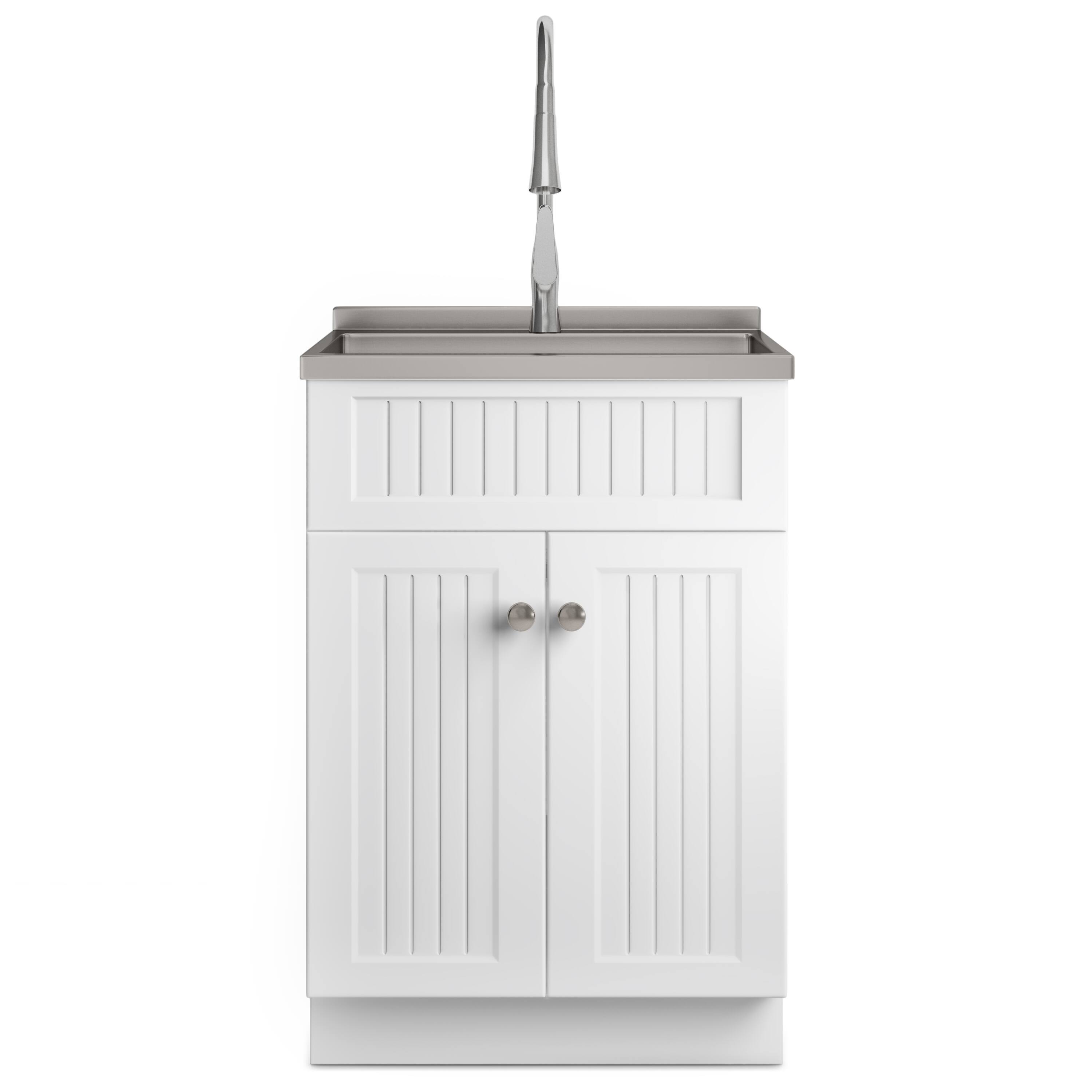 Left. Simpli Home - Beckham  All-in-One 24-inch Utility Sink & Cabinet - Pure White.