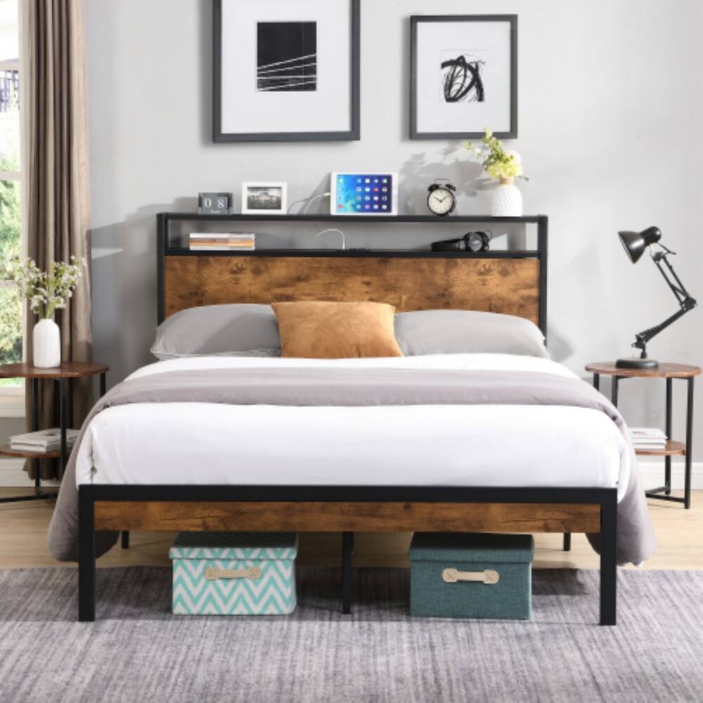 Angle. LUCKY ONE - Queen Size Metal Platform Bed Frame with Wooden Headboard and Footboard, USB Ports, No Box Spring Needed - Black.