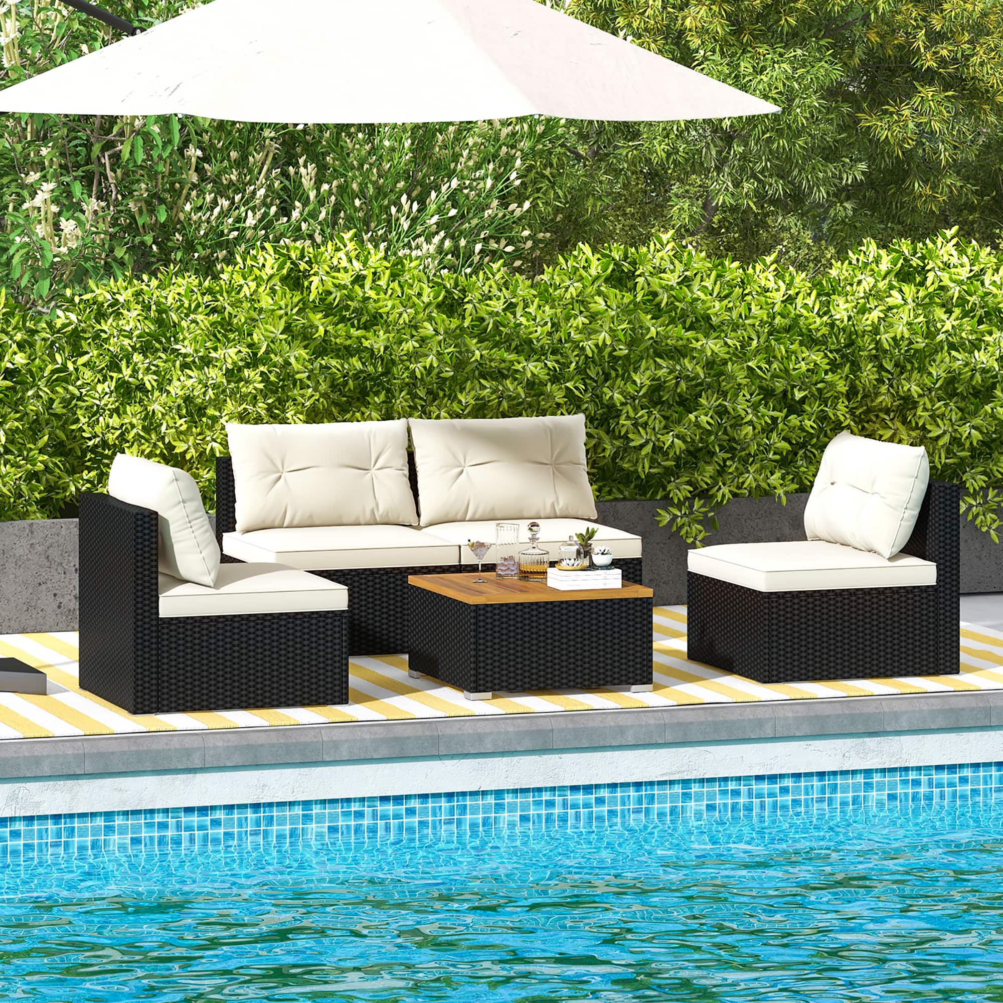 Gymax - 5 PCS Rattan Sofa Set Outdoor Wicker Furniture Set w/ Back Cushions & Square Coffee Table - Black, White