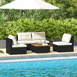 Gymax - 5 PCS Rattan Sofa Set Outdoor Wicker Furniture Set w/ Back Cushions & Square Coffee Table - Black, White