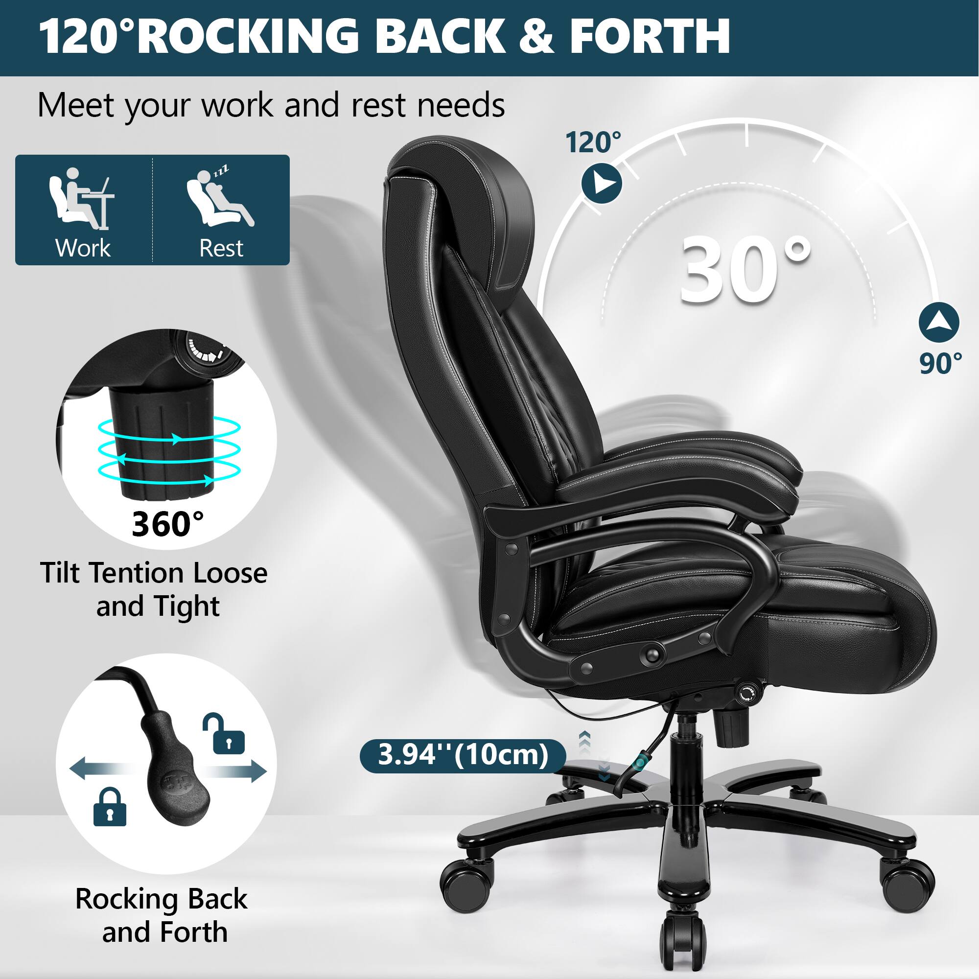 120°ROCKING BACK & FORTH, Meet your work and rest needs, 120°, Work, Rest, 30°, 90°, 360°, Tilt Tention Loose and Tight, 3.94" (10cm), Rocking Back and Forth