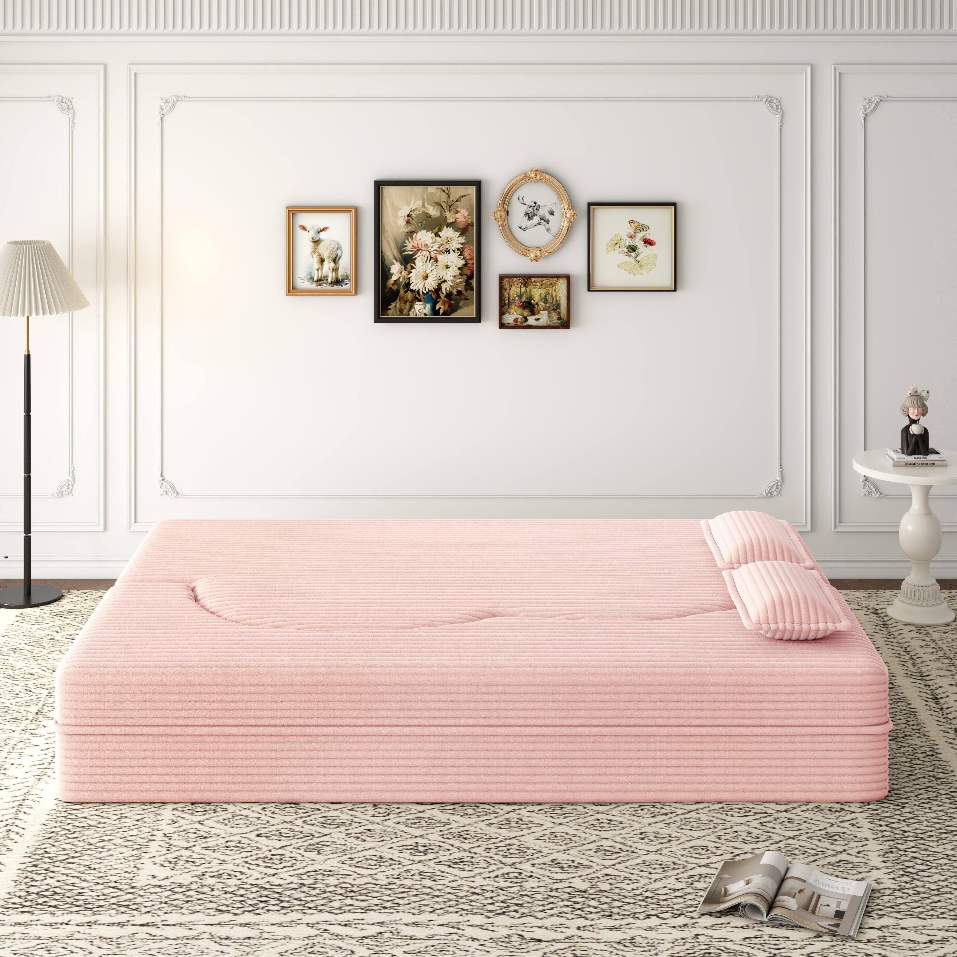Back. Trinkets Crazed - Convertible Sleeper Sofa Bed,15" Thick Full Size Folding Floor Couch, Corduroy Foam-Filled Futon Loveseat Couch - Baby Pink.