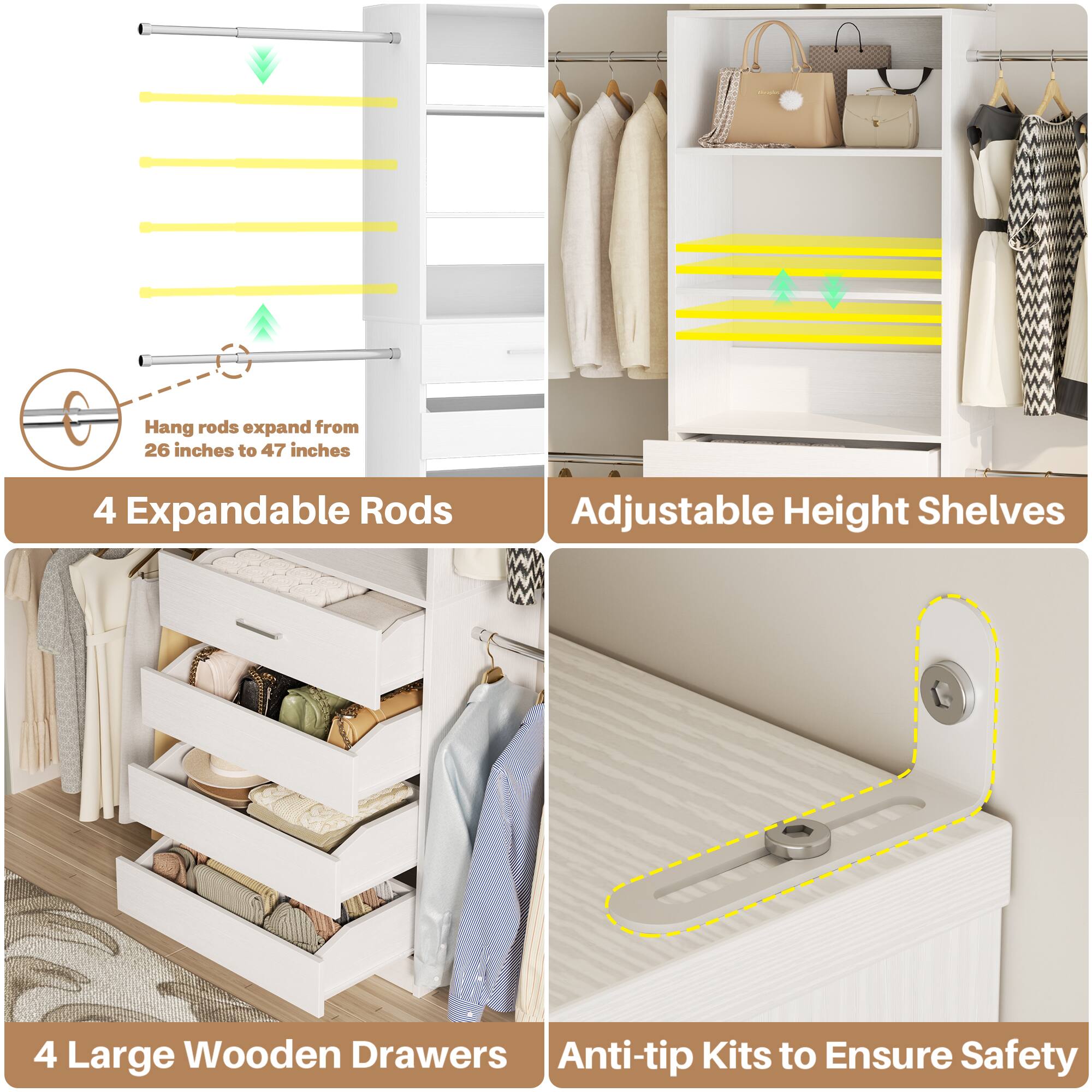 Aheaplus 2 Piece 4 9Ft Wooden Closet Organizer with 4 Drawers, 8