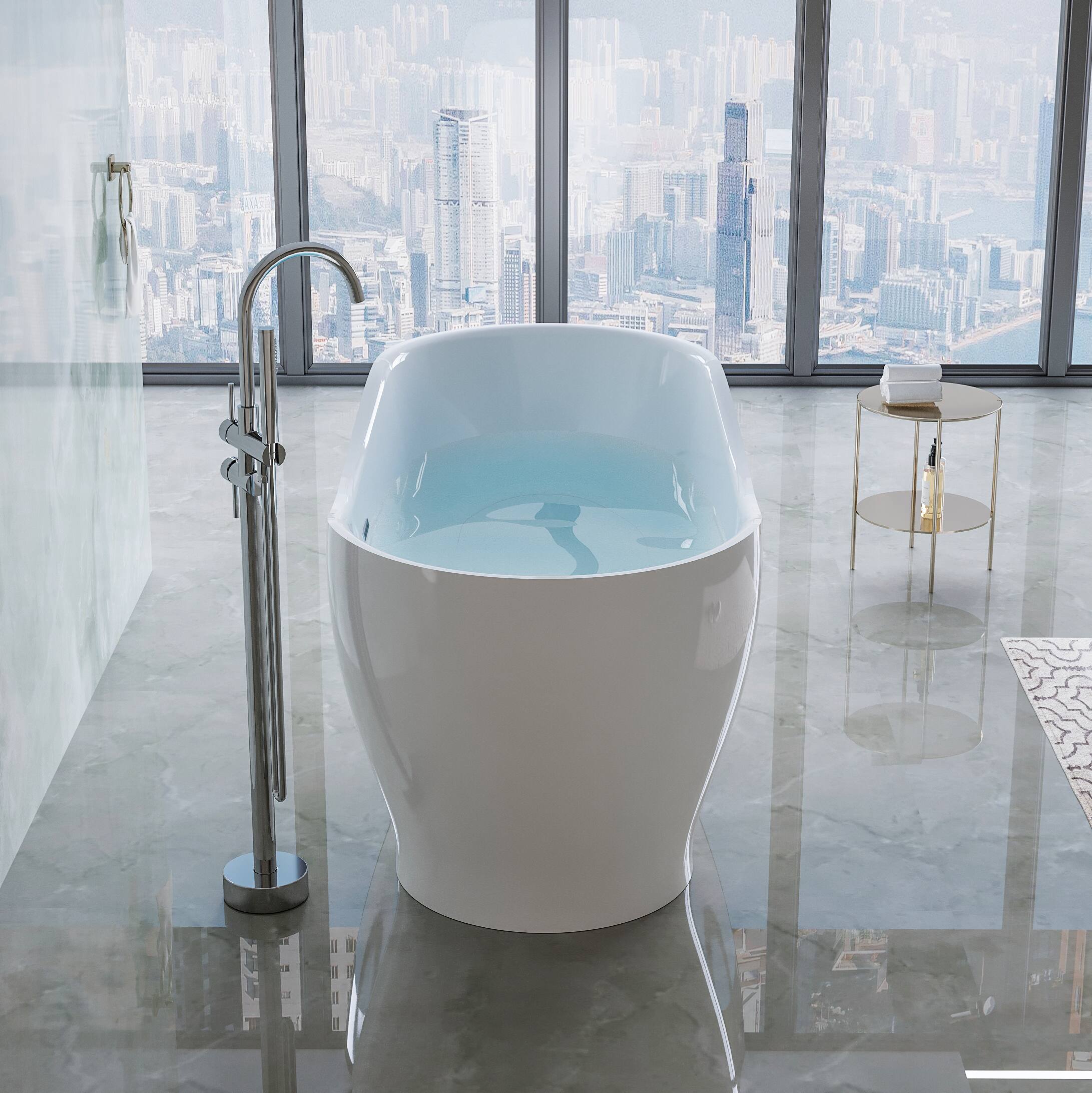 Angle. WELLFOR - Velis 67 in. x 31.5 in. Pure Virgin Acrylic Oval Freestanding Soaking Bathtub with Drain and Overflow - White.