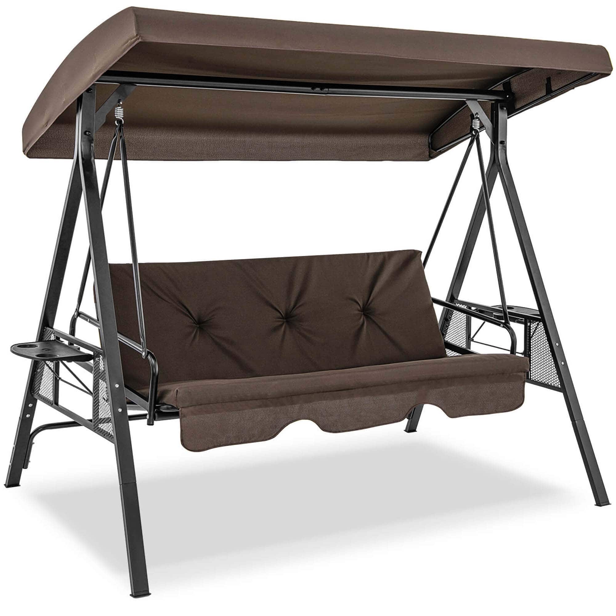 Front. Costway - 3-Seat Patio Porch Swing with Adjustable Canopy Soft Seat Back Cushions Side Tables - Brown.