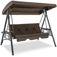 Costway 3-Seat Patio Porch Swing with Adjustable Canopy Soft Seat Back Cushions Side Tables - Brown - Front_Zoom