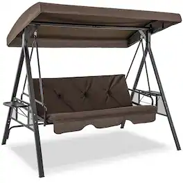 Costway - 3-Seat Patio Porch Swing with Adjustable Canopy Soft Seat Back Cushions Side Tables - Brown
