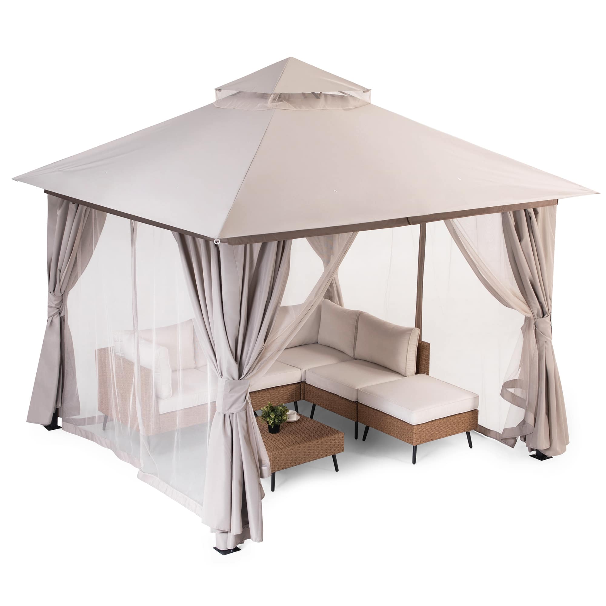 Yardgrace - 12x12 FT Outdoor Heavy Duty Metal Frame Gazebo Double Roof Mosquito Net Privacy Screen Patio Backyard Garden - khaki price history on PriceWatchPro