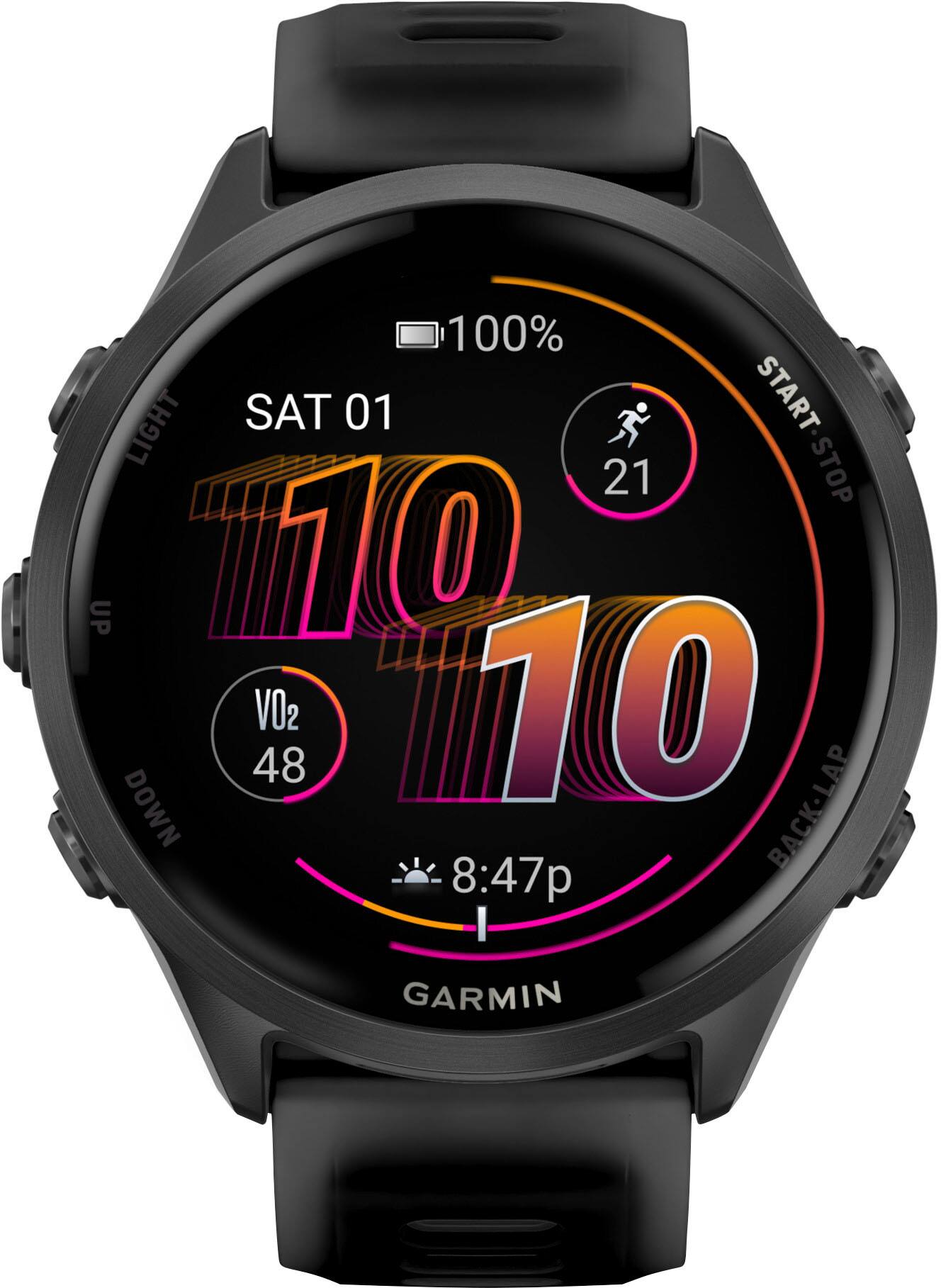 The text on the image reads: "100% LIGHT SAT 01 START-STOP START 21 STOP UP 10 48 VO2 10 DOWN BACK-LAP 8:47p I GARMIN."