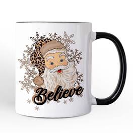 OrnamentallyYou - Believe Santa Cheetah Leopard Mug, Retro Christmas Gift - White