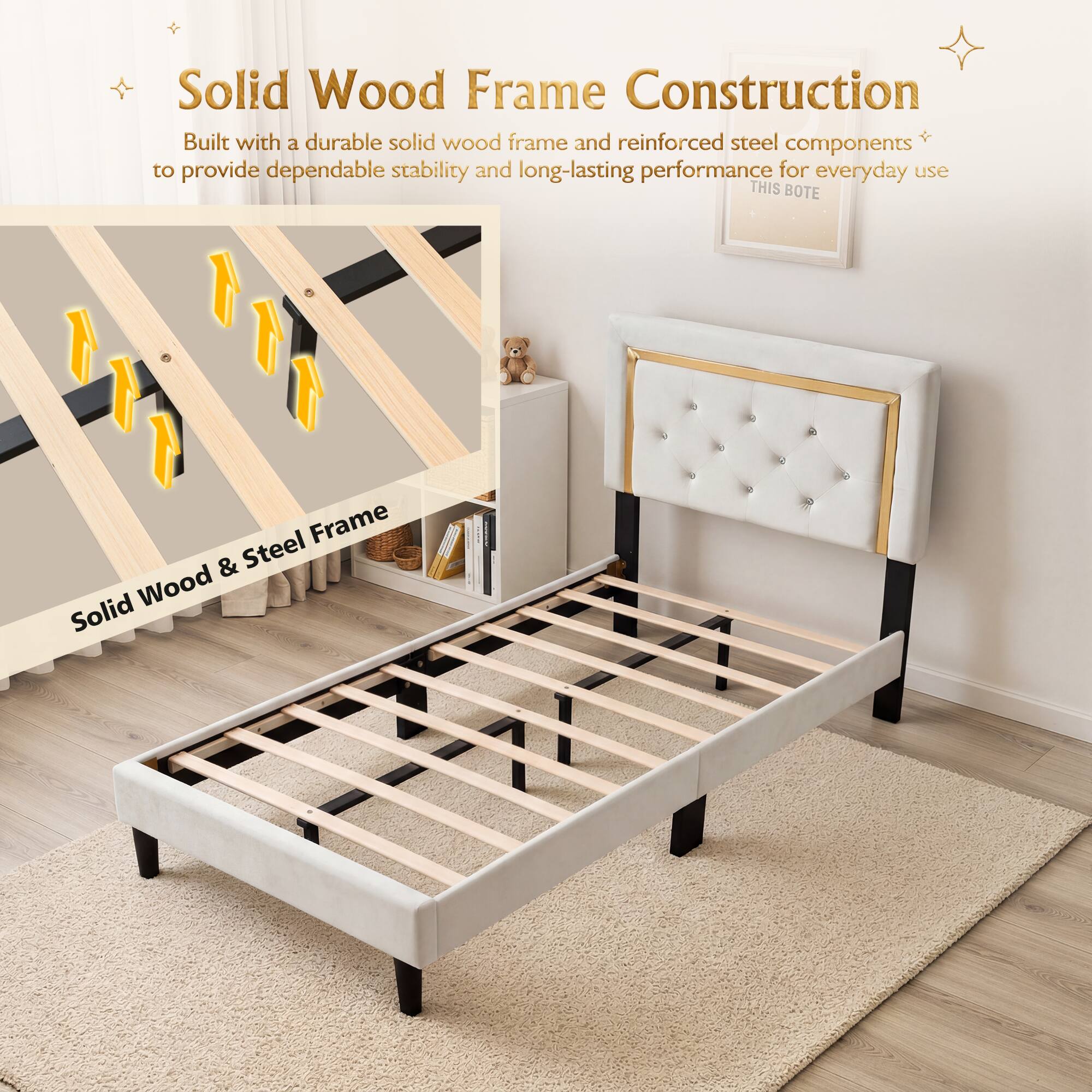 Solid Wood Frame Construction  
Built with a durable solid wood frame and reinforced steel components to provide dependable stability and long-lasting performance for everyday use  

THIS BOTE  
Frame & Steel Wood Solid