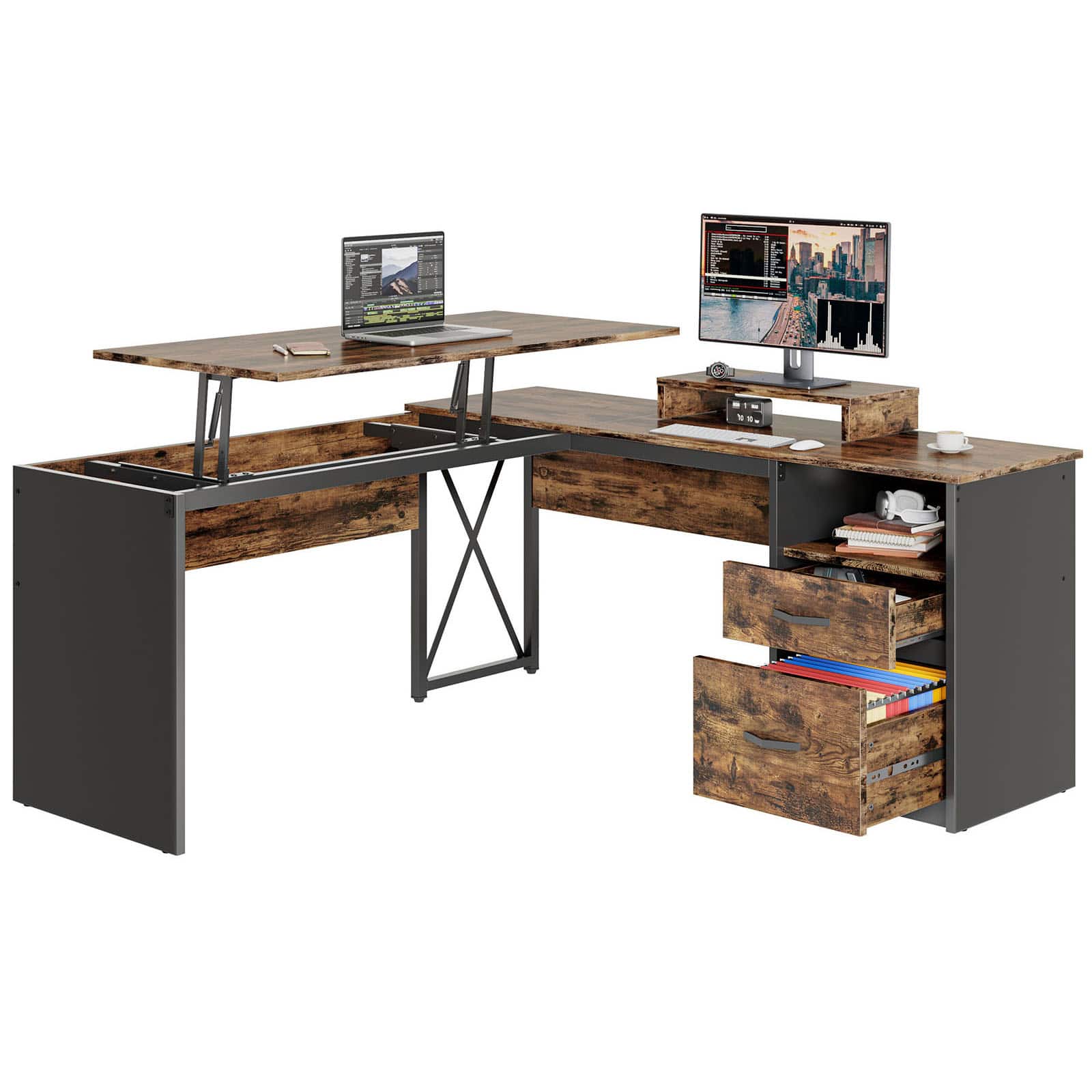 Alt View 16. Bestier - L-Shaped Computer Desk with Monitor Stand - Black.