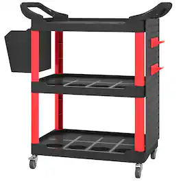 Homcom - Rolling Tool Cart, 200 LBS Capacity Plastic Utility Cart with Side Shelf and Storage Bucket - Black and Red