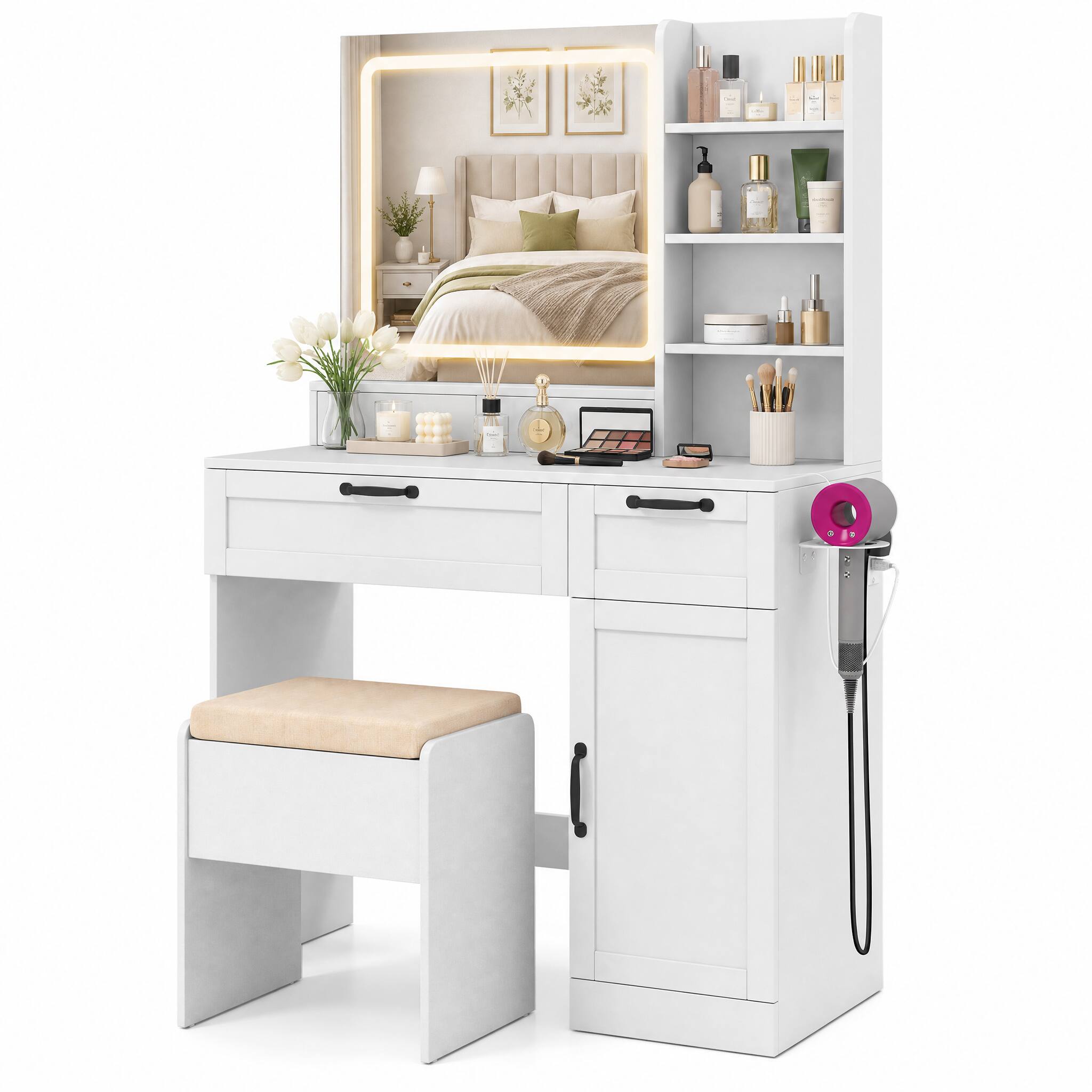 Alt View 5. WELLFOR - Makeup Vanity Desk with LED Lighted Mirror & Cushioned Stool, White Makeup Vanity Set with Charging Station - White.