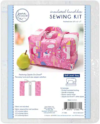 **June Tailor Insulated Lunchbox Sewing Kit**
**Finished Size:** 10" x 6" x 7"
**Featuring Zippity-Do-Done™**
The easy tuck-and-sew zipper solution
**Skill Level:** Easy
**Kit Includes:**
- Printed insulated batting
- Handle strapping
- Plastic interior base
- Zippity-Do-Done™, white zipper
**Made in U.S.A.**
**Fabric not included.**
**Fabric required for one lunchbox:**
- 1/2 yd main fabric
- 1/4 yd strap fabric
- 1/2 yd lining fabric
**June Tailor, Inc.**
2861 Highway 175
PO Box 208
Richfield, WI 53076 U.S.A.
www.junetailor.com
**JT-1660**
601131 #0:04/21
**CA Residents:** WARNING Cancer and Reproductive Harm - www.P65Warnings.ca.gov
**Barcode:** 7 30976 01660 5