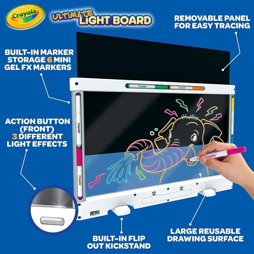 Crayola Ultimate Light Board

- Built-in marker storage with 6 mini gel FX markers
- Action button (front) with 3 different light effects
- Removable panel for easy tracing
- Large reusable drawing surface
- Built-in flip out kickstand
