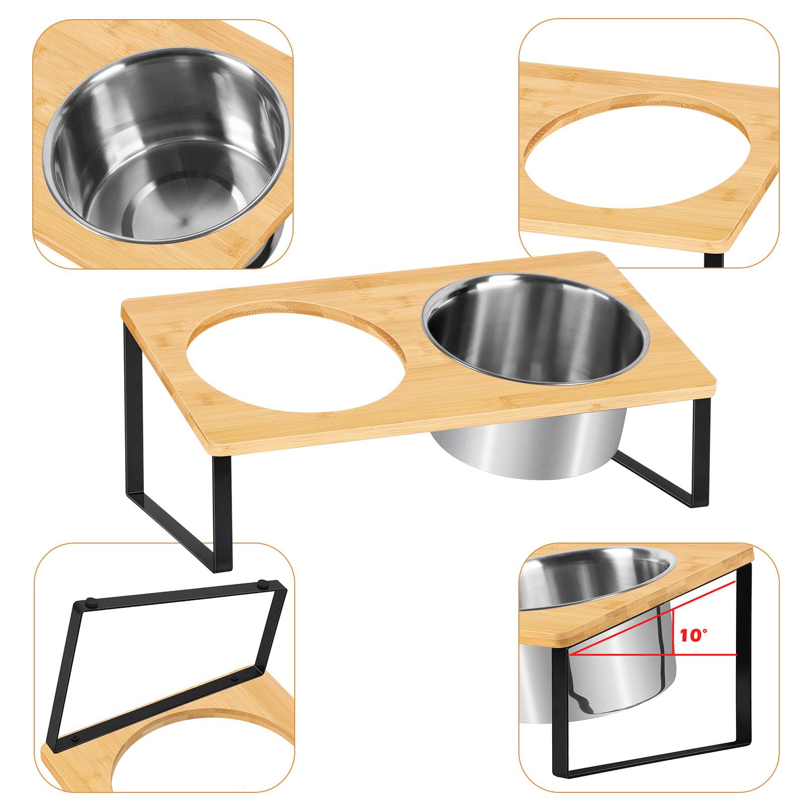 Left. Oumilen - Elevated Bamboo Double Pet Bowls, Raised Stainless Steel Dog Cat Feeder with Anti-Slip Metal Stand - Black.