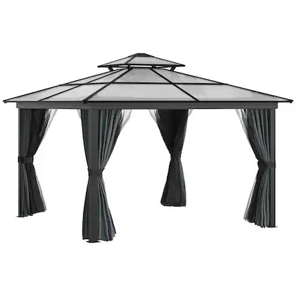 Front. Outsunny - 10' x 10' Hardtop Gazebo Canopy with Polycarbonate Roof, Aluminum Frame, Permanent Pavilion Outdoor Gazebo - Black.