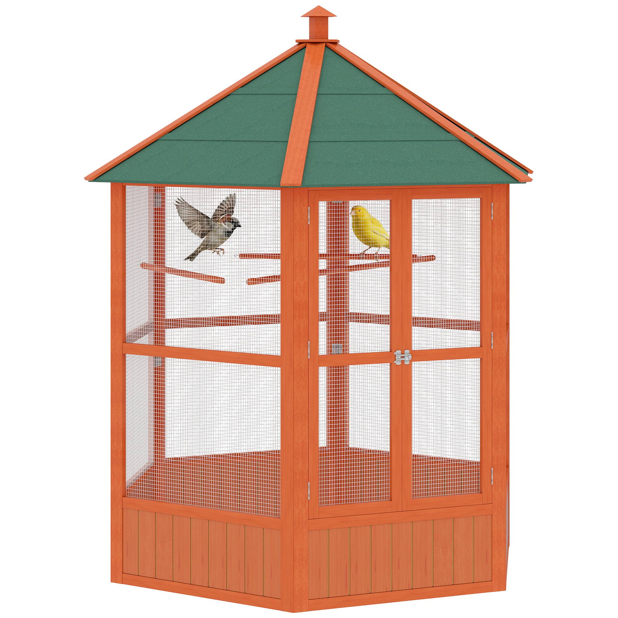 Front. Pawhut - Wooden Hexagonal Outdoor Aviary Flight Bird Cage With Covered Roof.