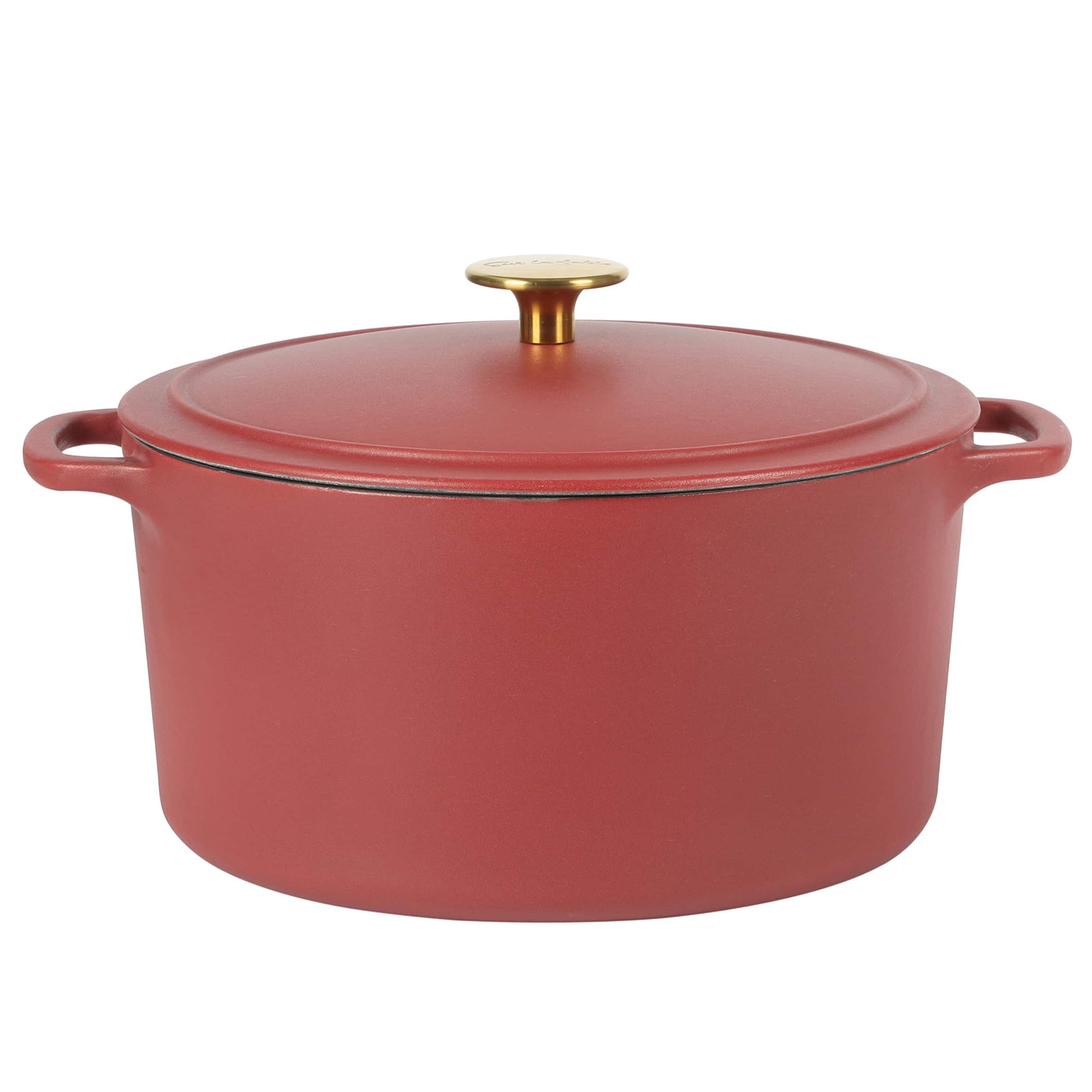 Gibson - Sur La Table Millau 5.5 Quart Enameled Cast Iron Dutch Oven with Lid in with Rose Gold Knob - Matte brick