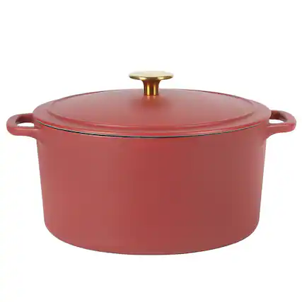 Front. Gibson - Sur La Table Millau 5.5 Quart Enameled Cast Iron Dutch Oven with Lid in Matte Brick with Rose Gold Knob - Matte brick.